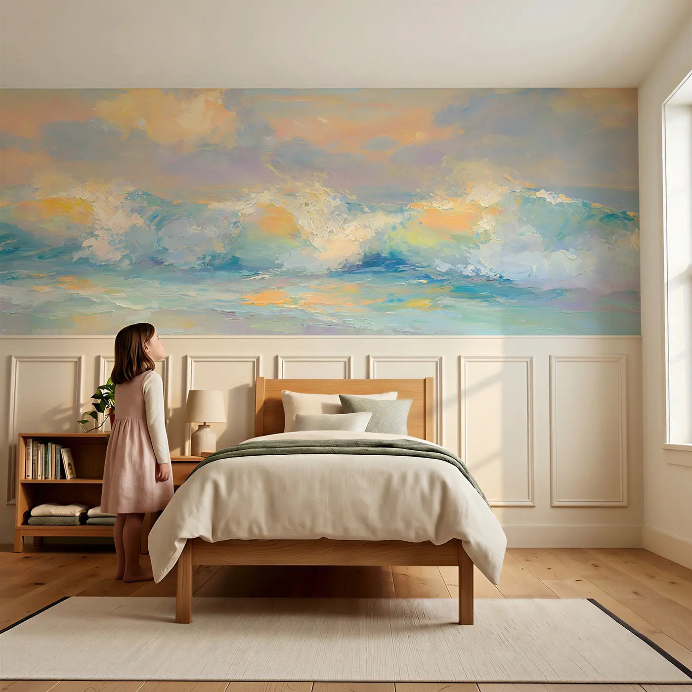Child reading near Ocean Sunrise Wave Crest Wainscoting Wallpaper by Whimsy Tots
