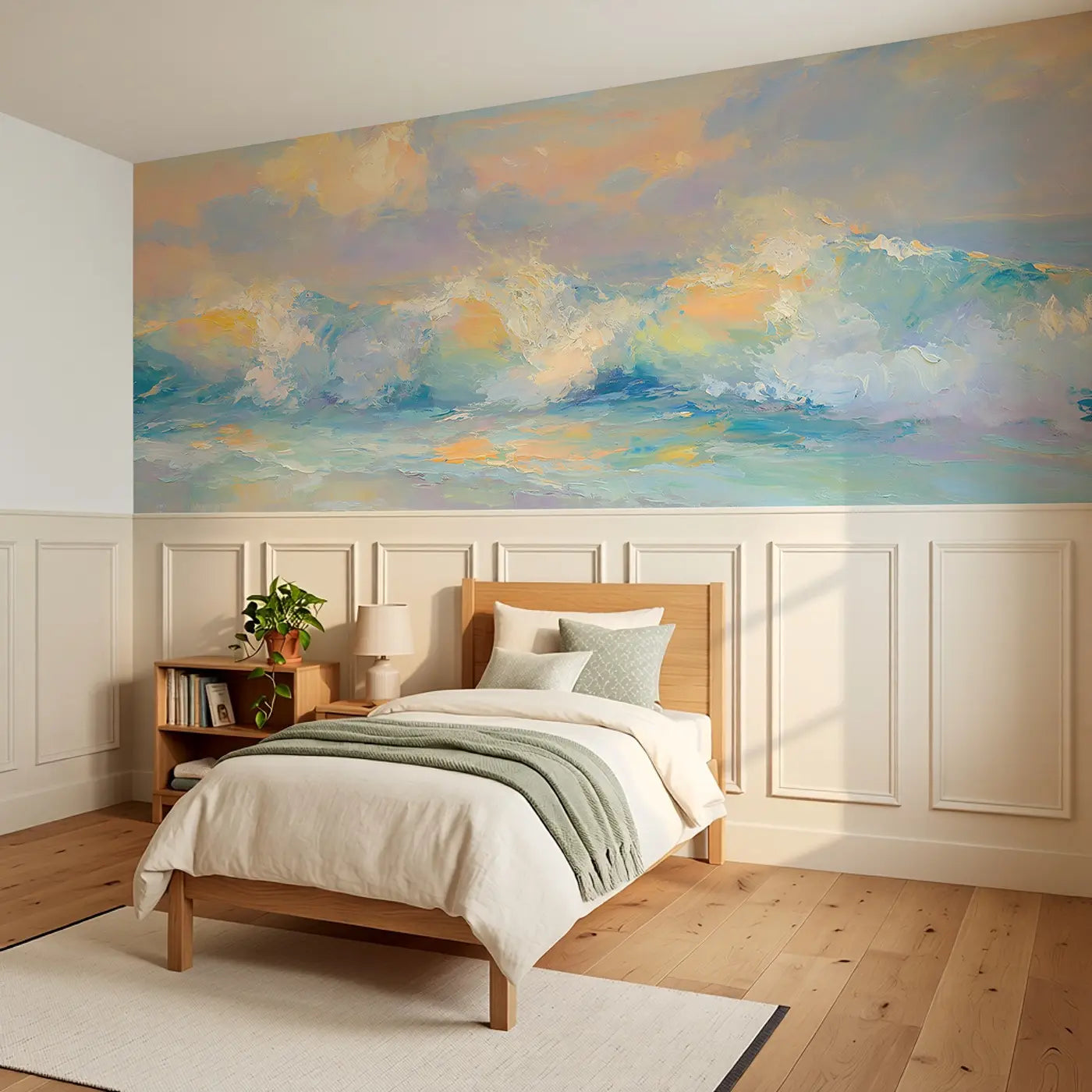 Ocean Sunrise Wave Crest Wainscoting Wallpaper styled in a kids bedroom by Whimsy Tots