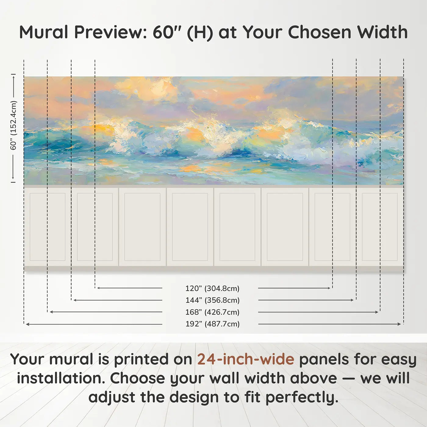 Panel dimensions for Ocean Sunrise Wave Crest Wainscoting Wallpaper by Whimsy Tots