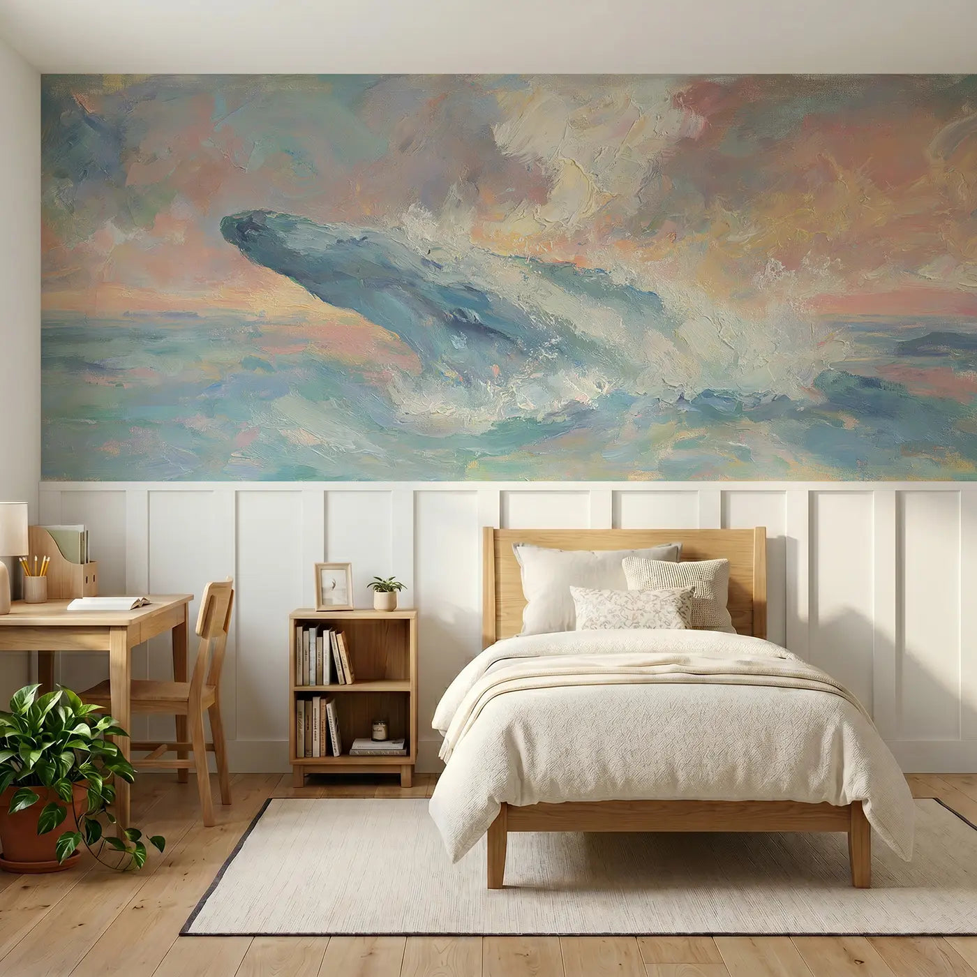 Painted Landscape whale breach sunset sea wainscoting wallpaper for bedroom by Whimsy Tots