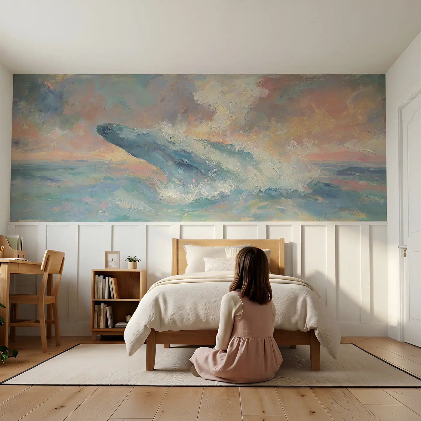 Child reading near Whale Breach Sunset Sea Wainscoting Wallpaper by Whimsy Tots