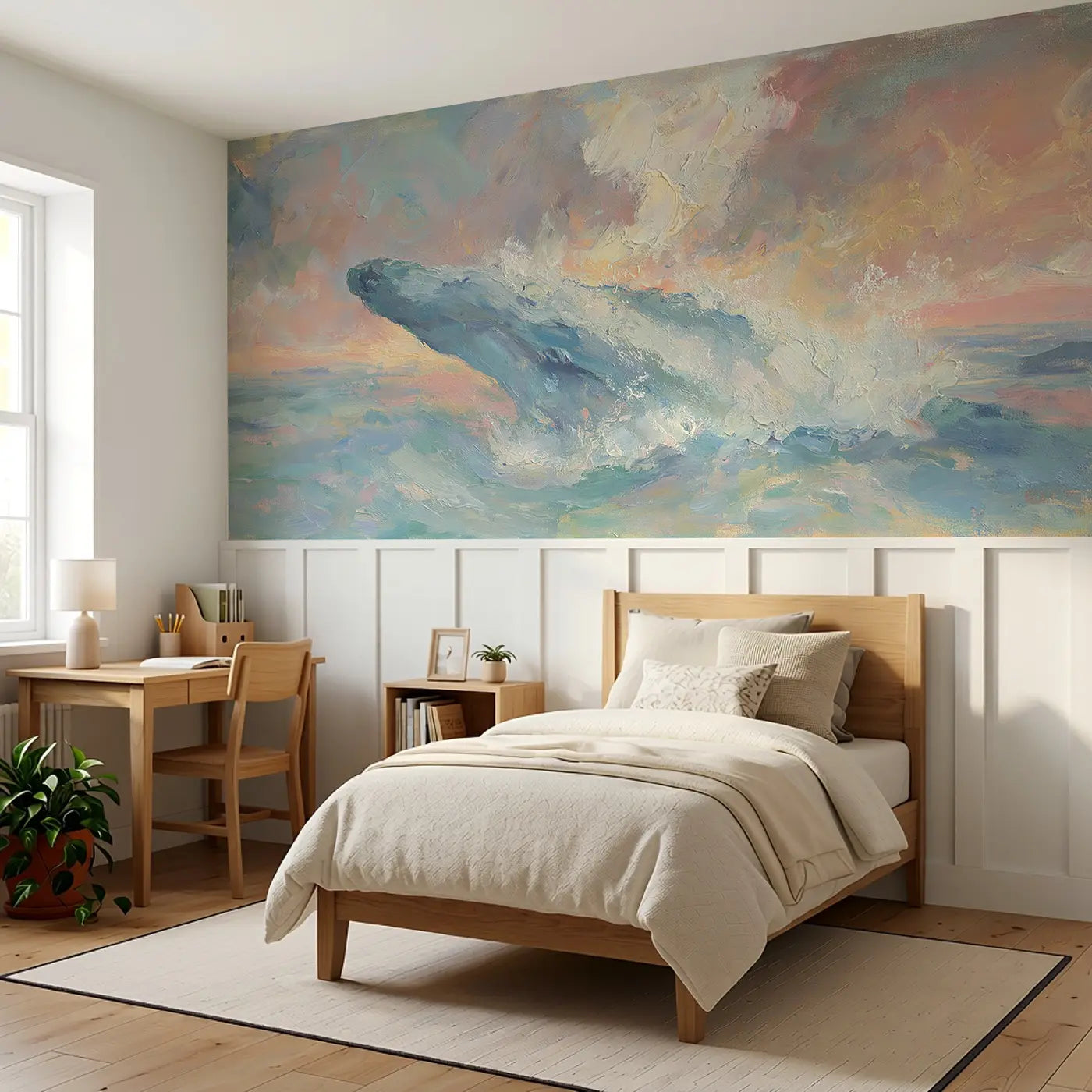 Whale Breach Sunset Sea Wainscoting Wallpaper styled in a kids bedroom by Whimsy Tots