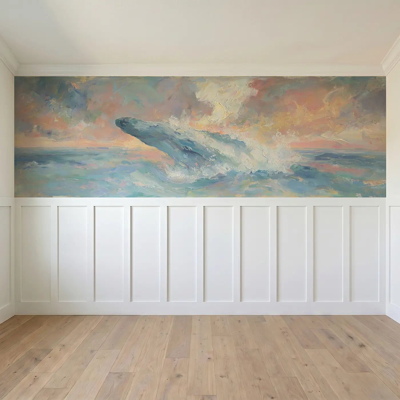 Full panel view of Whale Breach Sunset Sea Wainscoting Wallpaper by Whimsy Tots