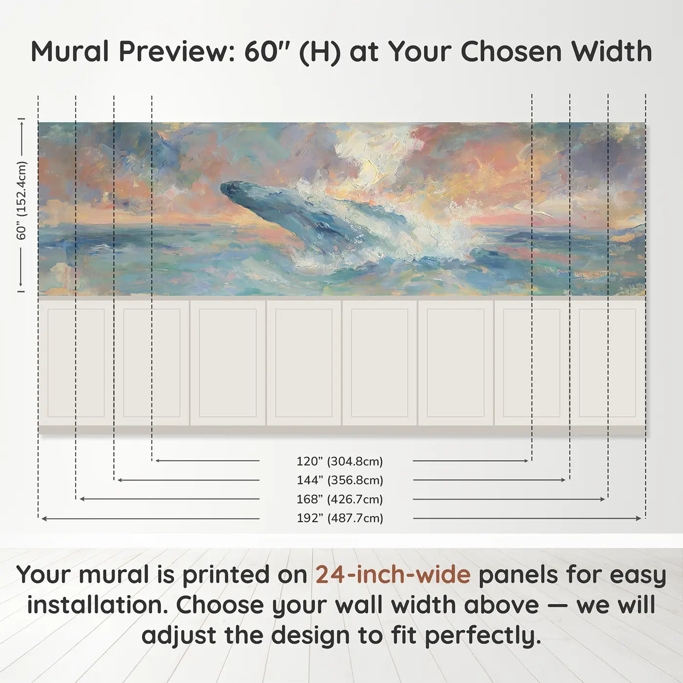 Panel dimensions for Whale Breach Sunset Sea Wainscoting Wallpaper by Whimsy Tots