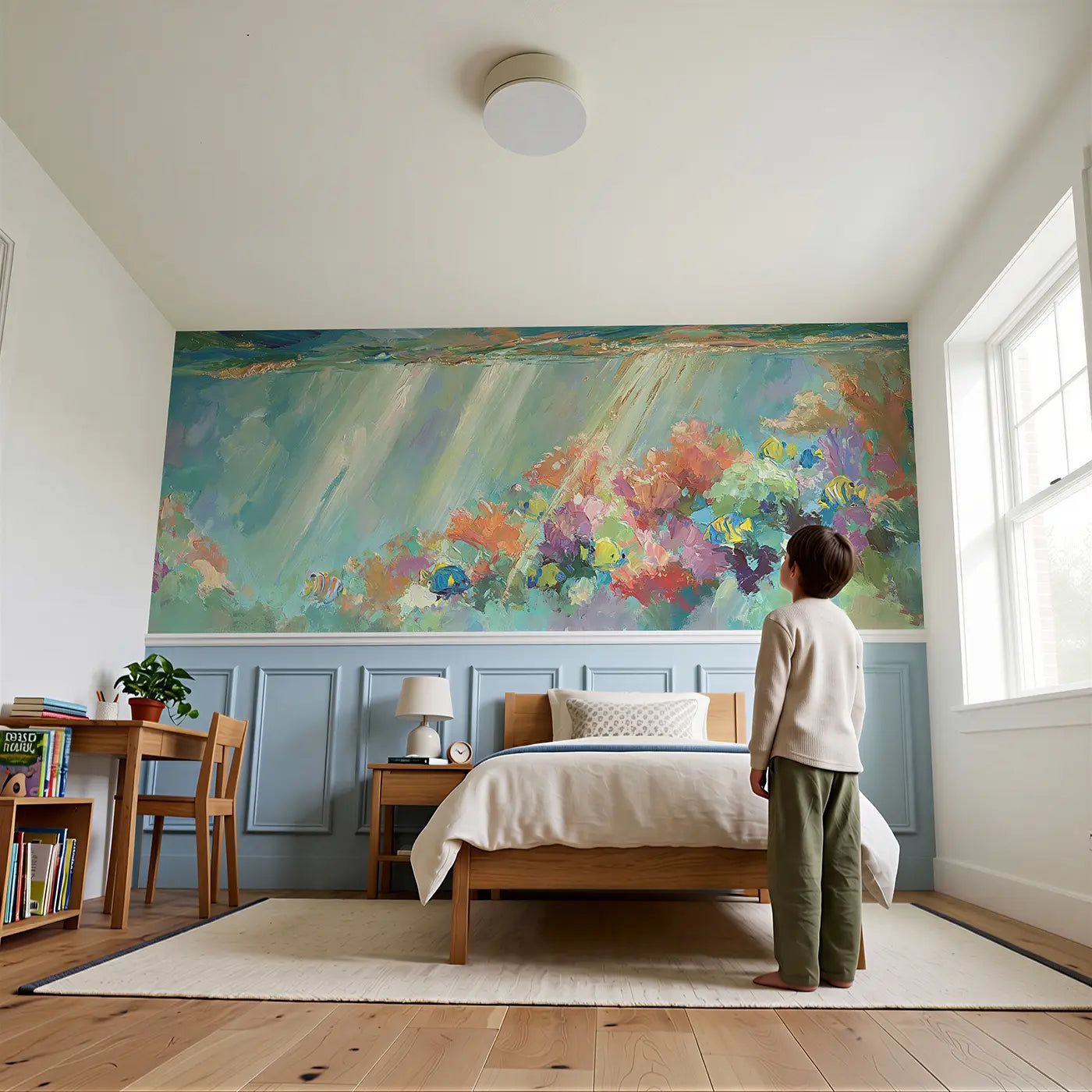 Child reading near Coral Reef Light Shaft Wainscoting Wallpaper by Whimsy Tots