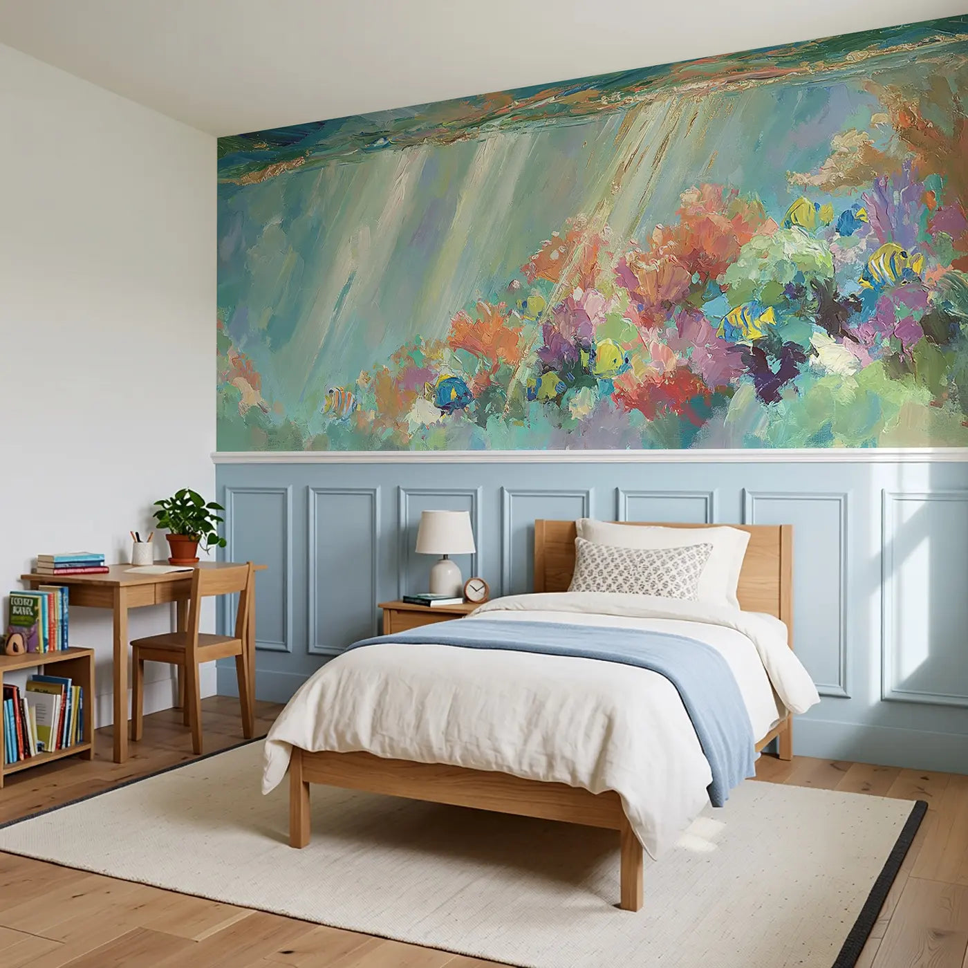 Coral Reef Light Shaft Wainscoting Wallpaper styled in a kids bedroom by Whimsy Tots