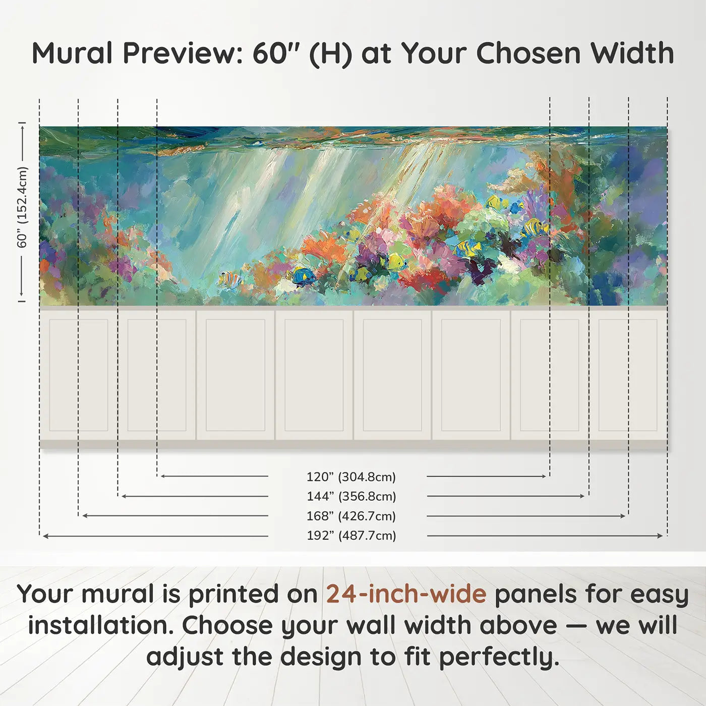 Panel dimensions for Coral Reef Light Shaft Wainscoting Wallpaper by Whimsy Tots