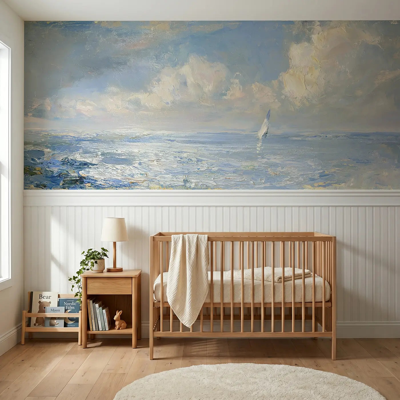 Painted Landscape calm ocean horizon silver wainscoting wallpaper for nursery by Whimsy Tots