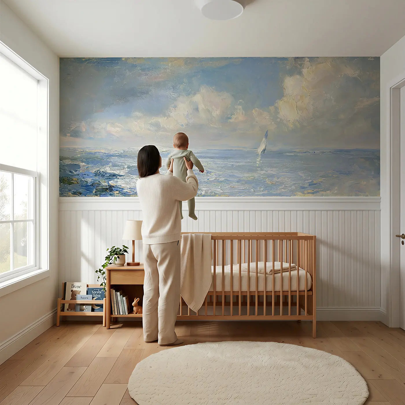 Child reading near Calm Ocean Horizon Silver Wainscoting Wallpaper by Whimsy Tots