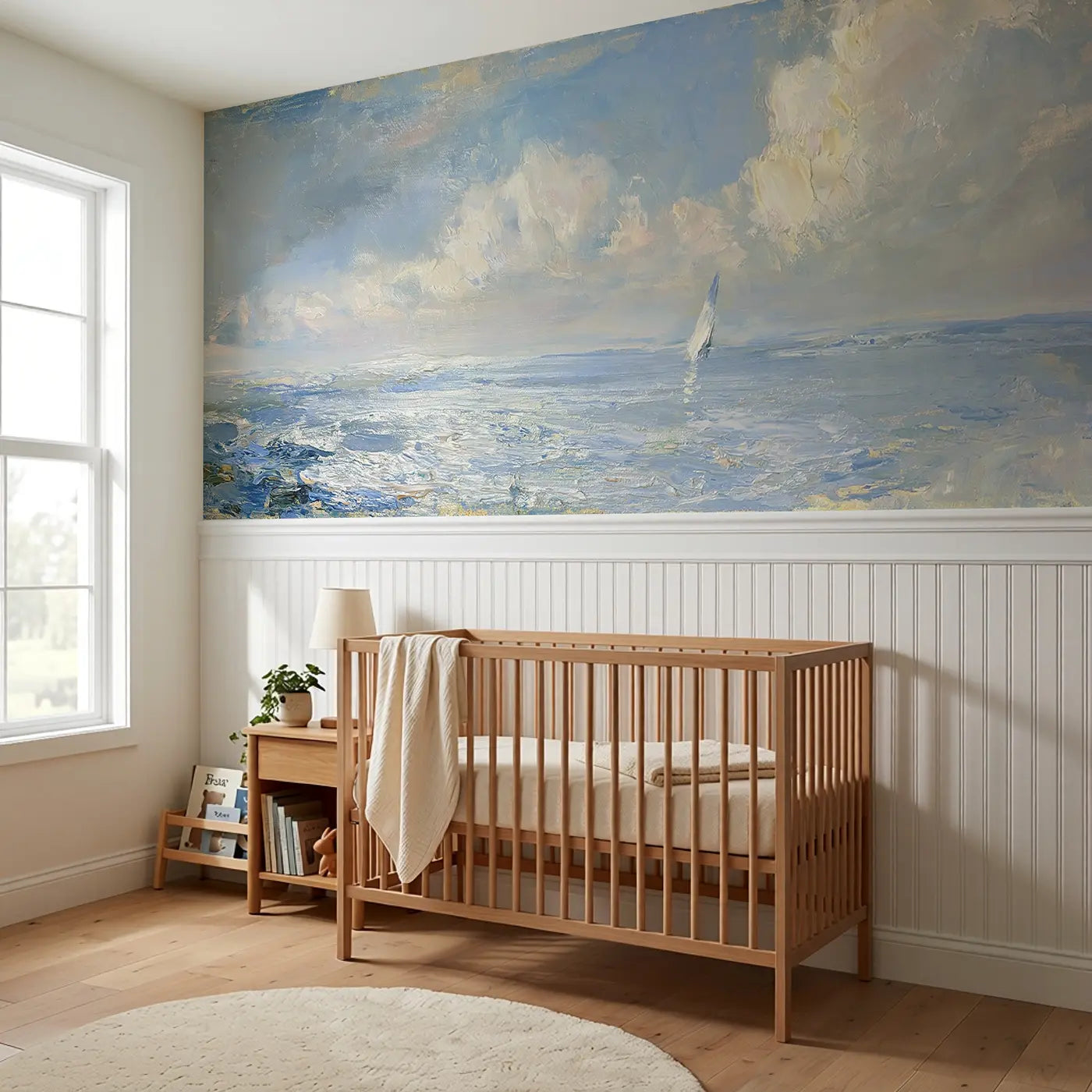Calm Ocean Horizon Silver Wainscoting Wallpaper styled in a kids bedroom by Whimsy Tots