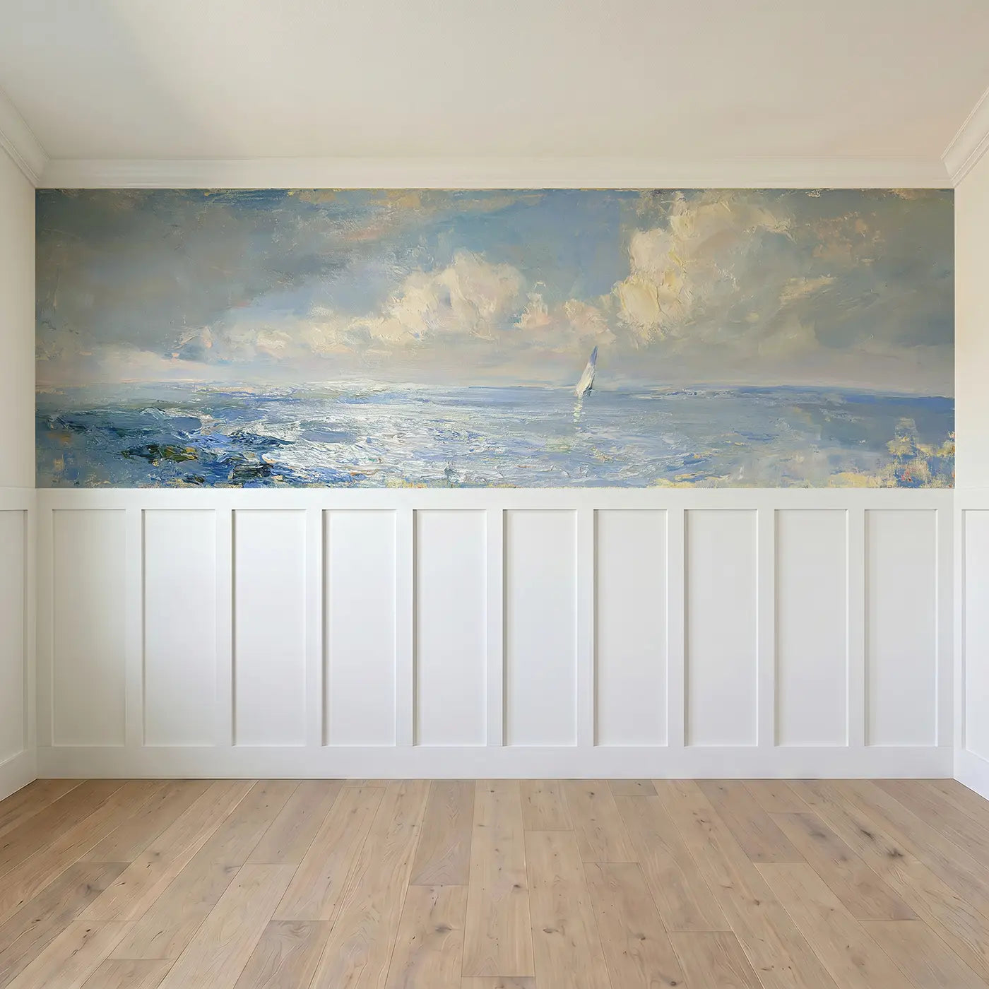 Full panel view of Calm Ocean Horizon Silver Wainscoting Wallpaper by Whimsy Tots