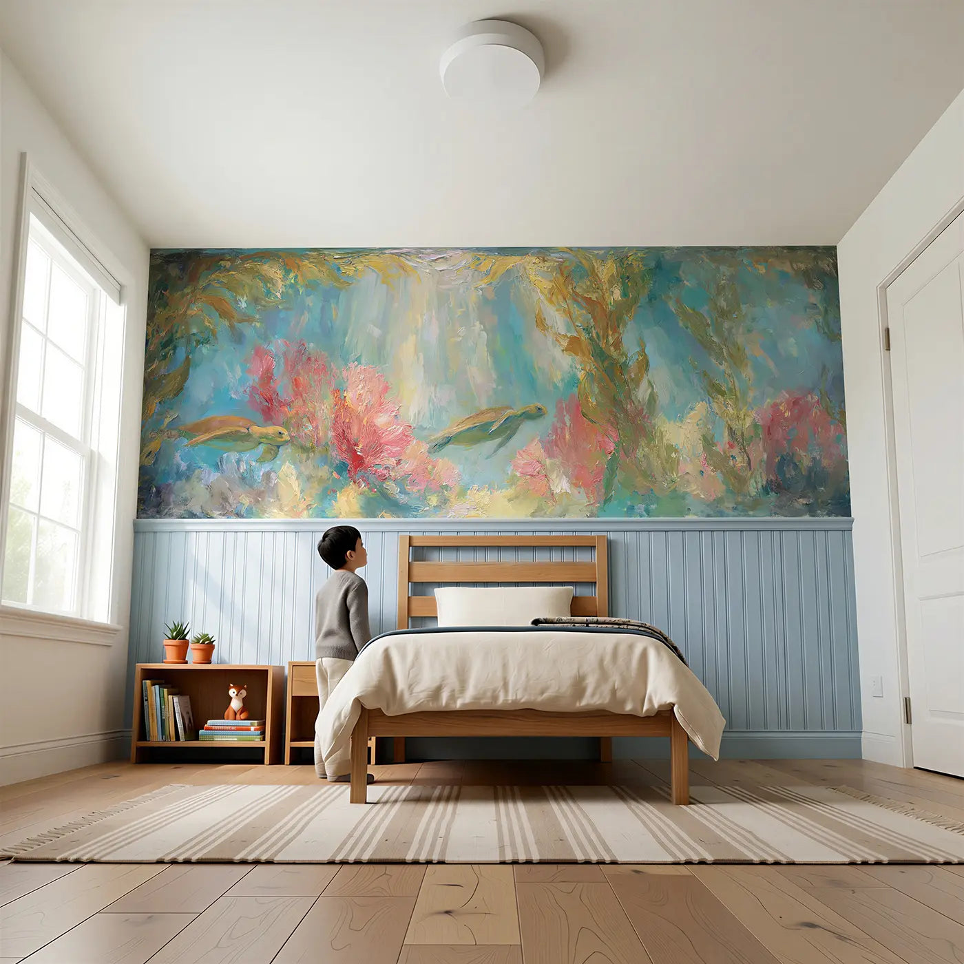 Child reading near Underwater Garden Oil Wainscoting Wallpaper by Whimsy Tots