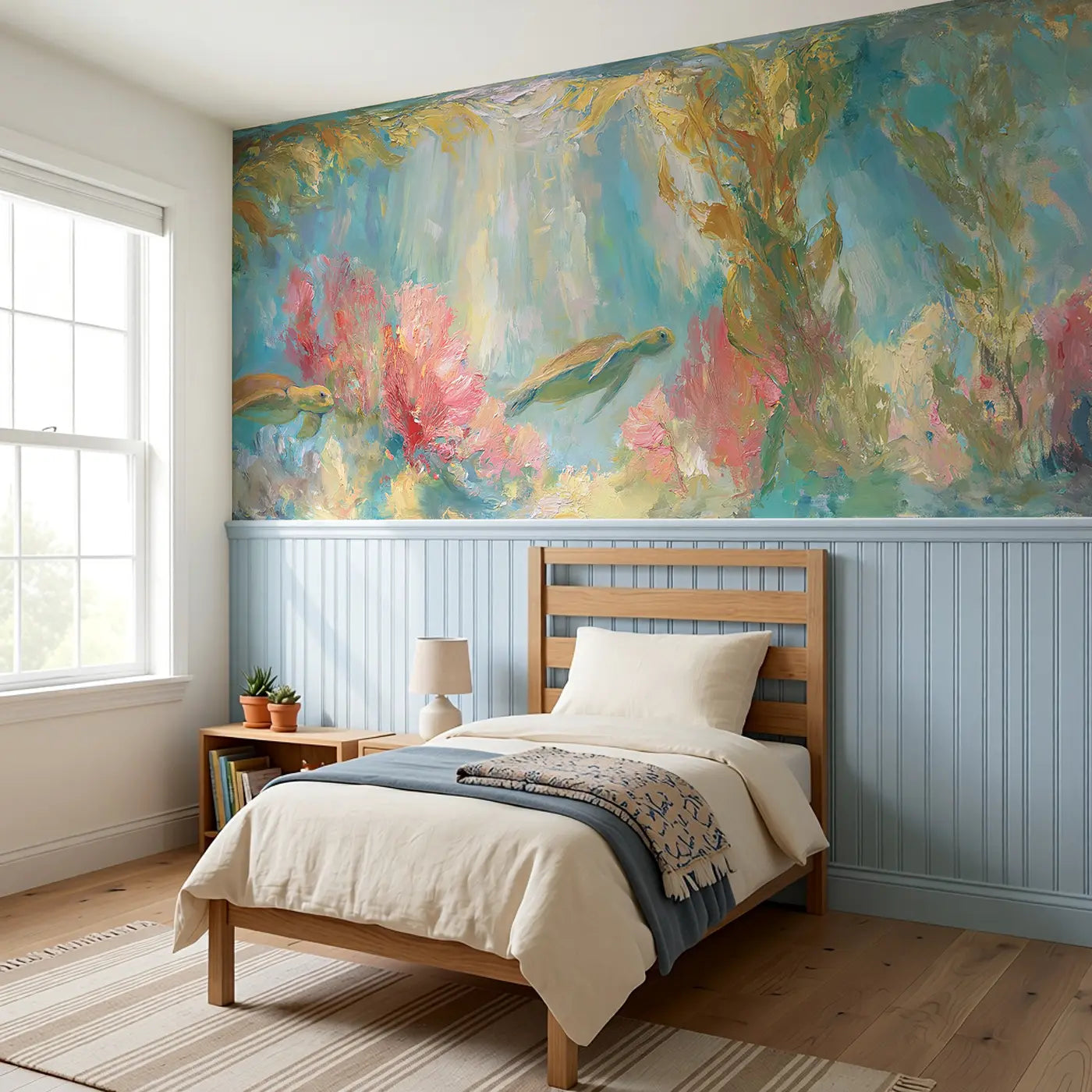 Underwater Garden Oil Wainscoting Wallpaper styled in a kids bedroom by Whimsy Tots