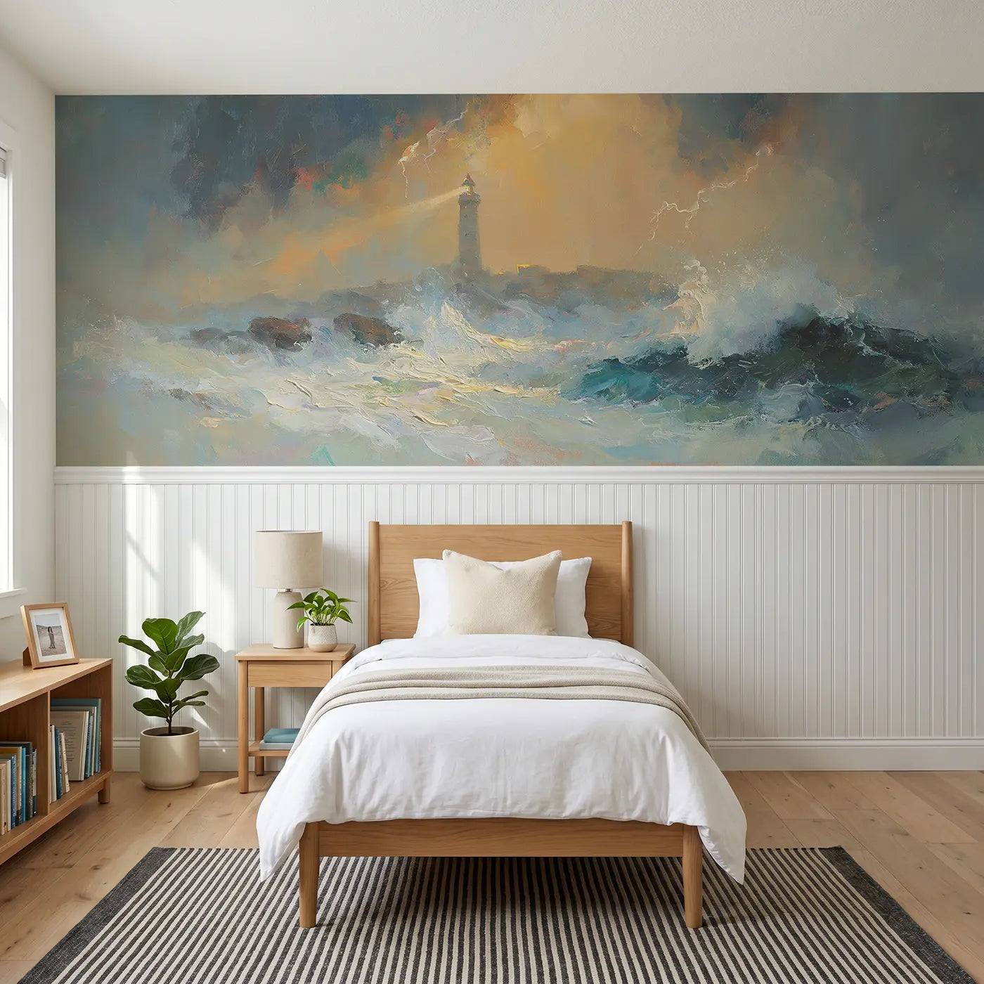Painted Landscape storm sea lighthouse guard wainscoting wallpaper for bedroom by Whimsy Tots