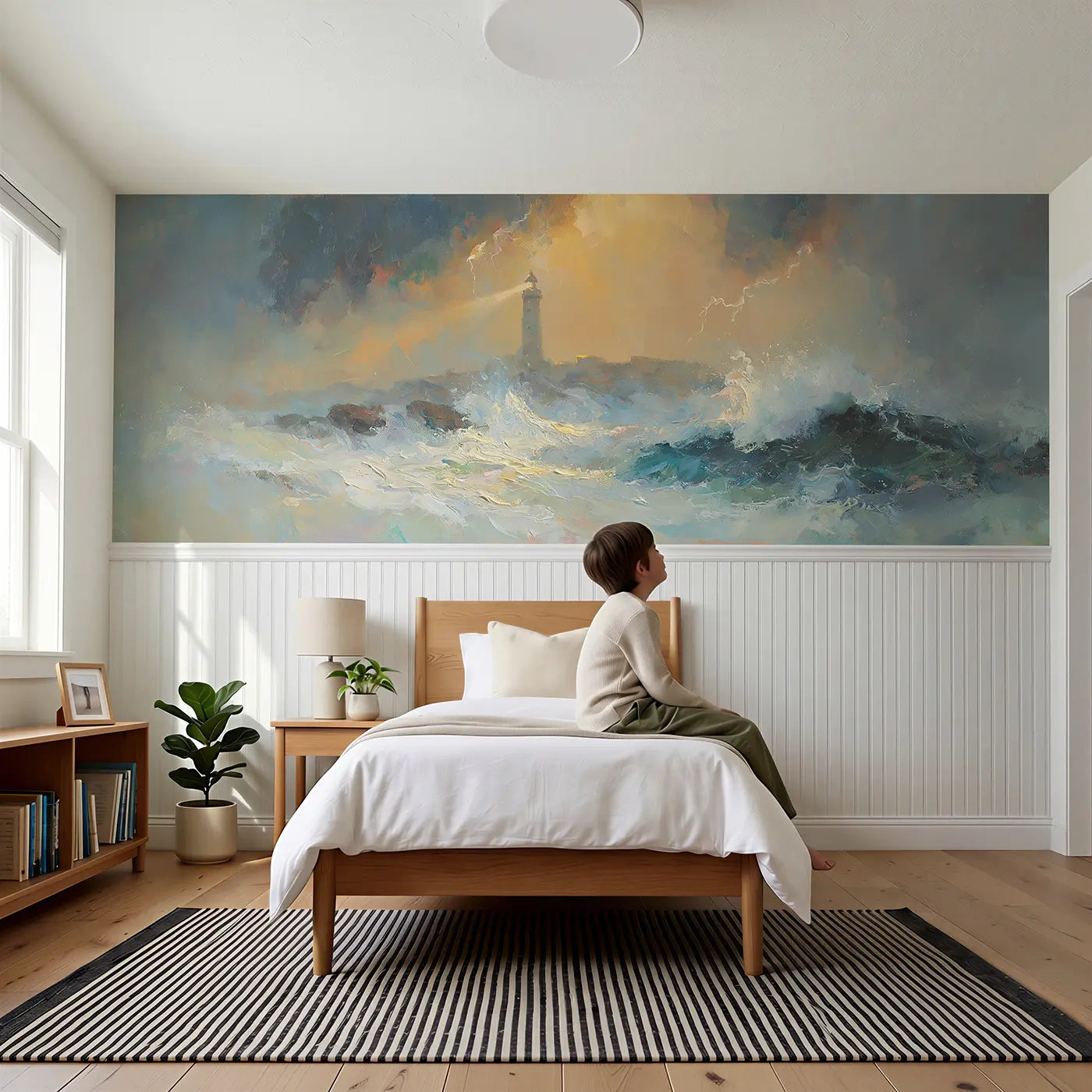 Child reading near Storm Sea Lighthouse Guard Wainscoting Wallpaper by Whimsy Tots