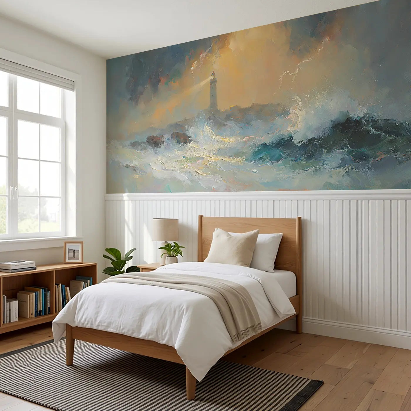 Storm Sea Lighthouse Guard Wainscoting Wallpaper styled in a kids bedroom by Whimsy Tots