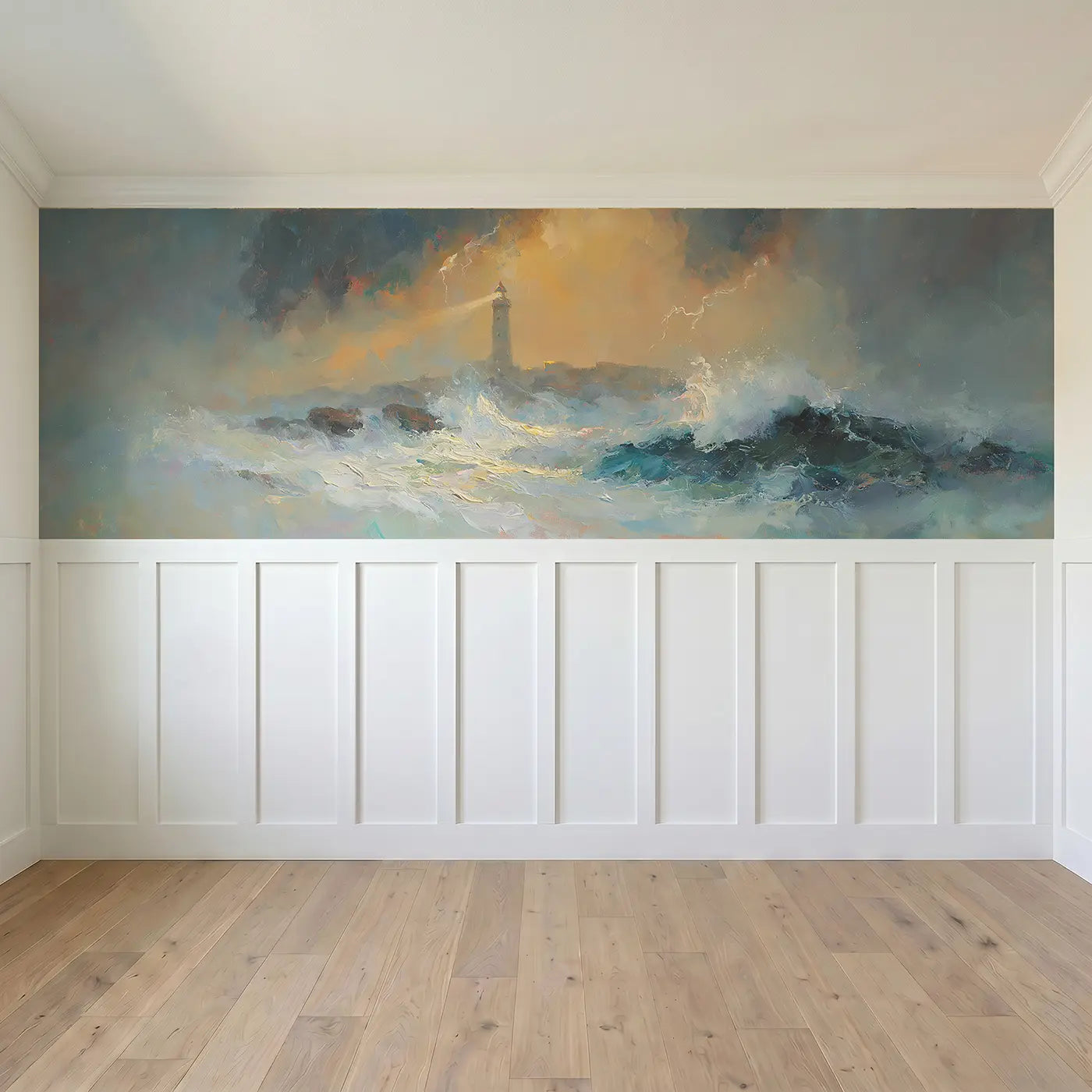 Full panel view of Storm Sea Lighthouse Guard Wainscoting Wallpaper by Whimsy Tots