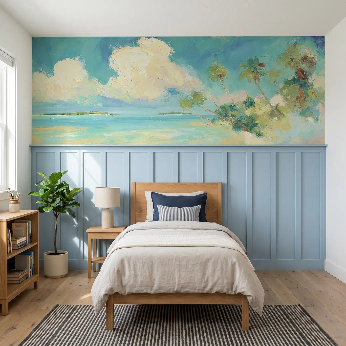 Painted Landscape moonlit ocean tide pool wainscoting wallpaper for bedroom by Whimsy Tots