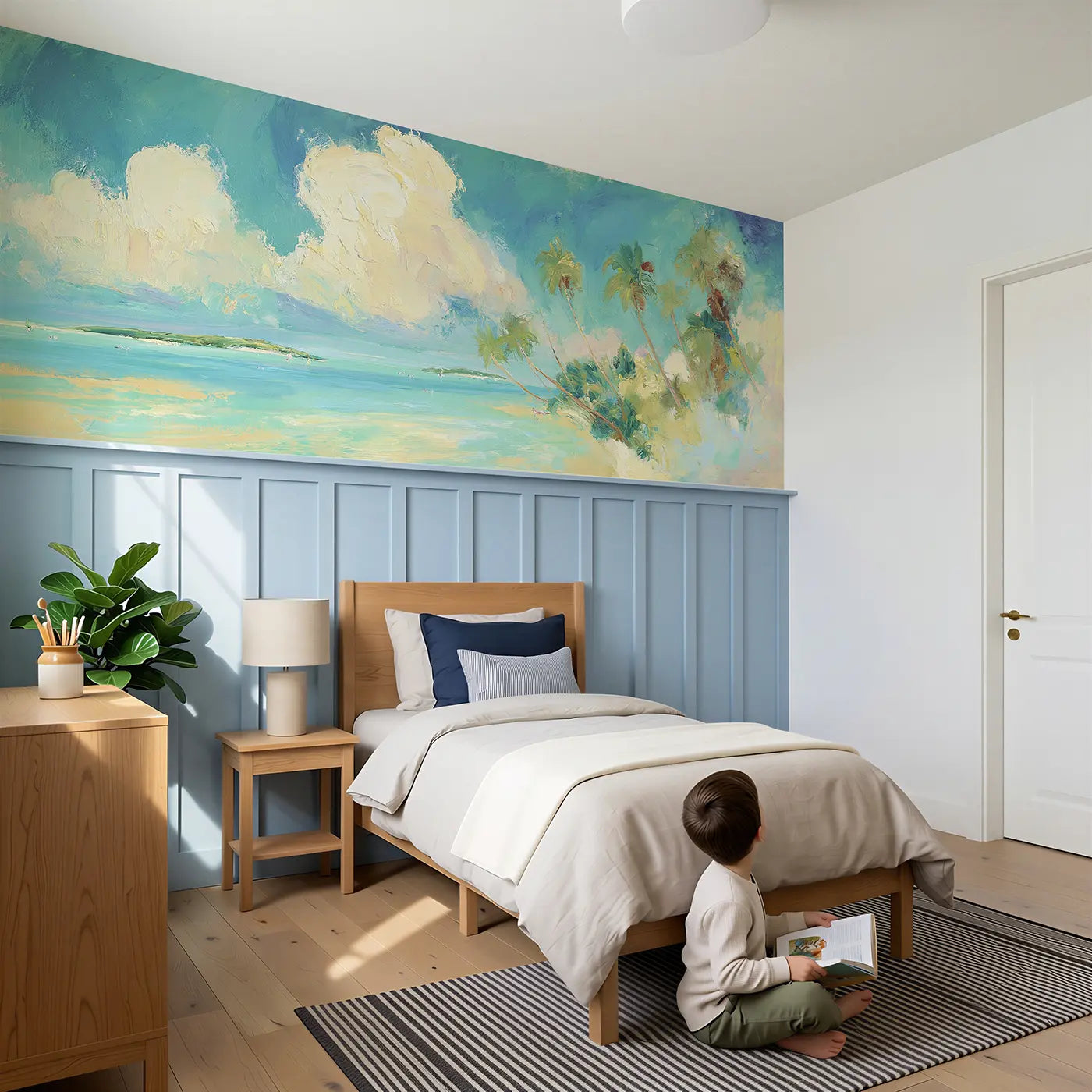 Child reading near Moonlit Ocean Tide Pool Wainscoting Wallpaper by Whimsy Tots