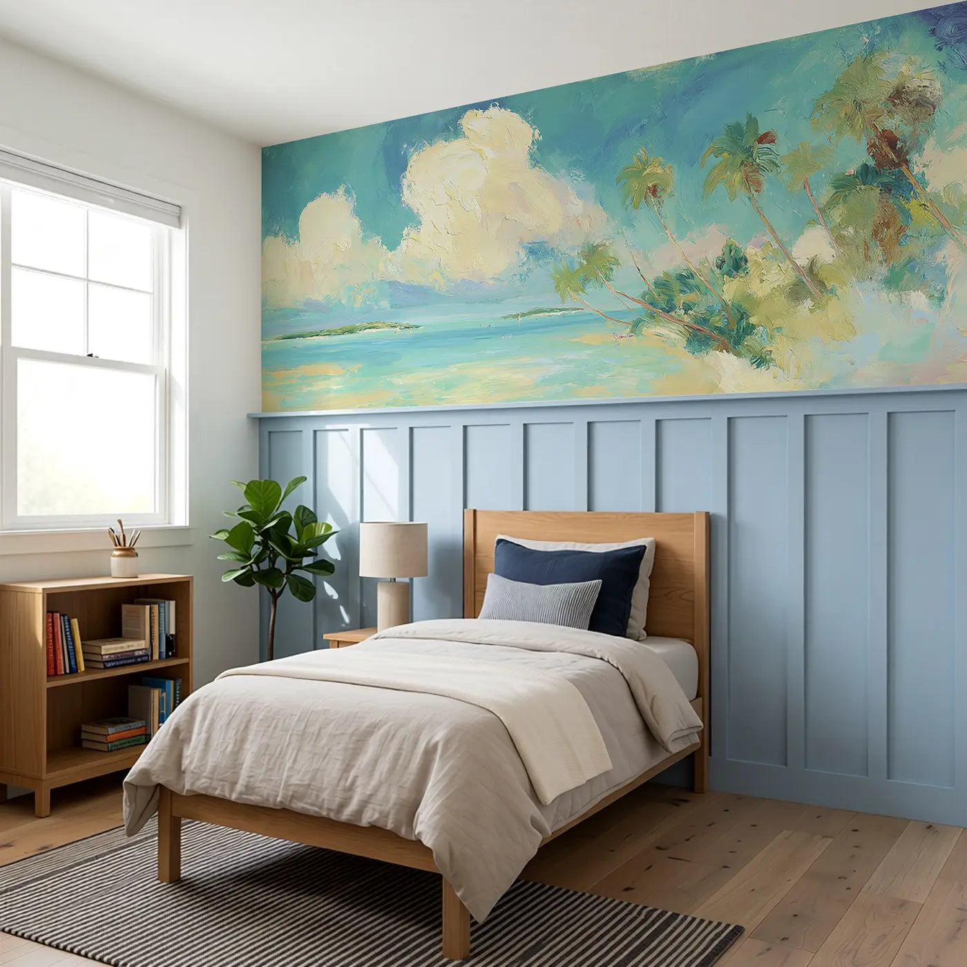 Moonlit Ocean Tide Pool Wainscoting Wallpaper styled in a kids bedroom by Whimsy Tots