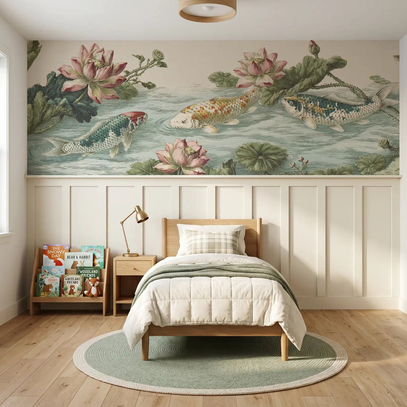 Botanical Elegance koi pond lotus surface wainscoting wallpaper for nursery by Whimsy Tots