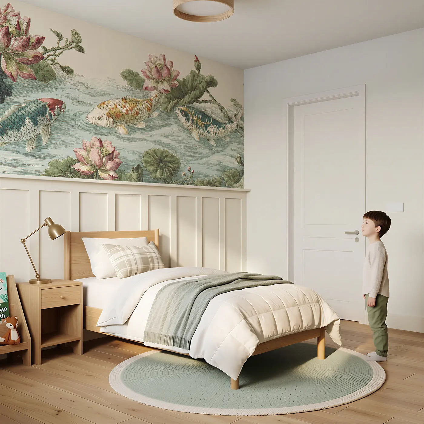 Child reading near Koi Pond Lotus Surface Wainscoting Wallpaper by Whimsy Tots