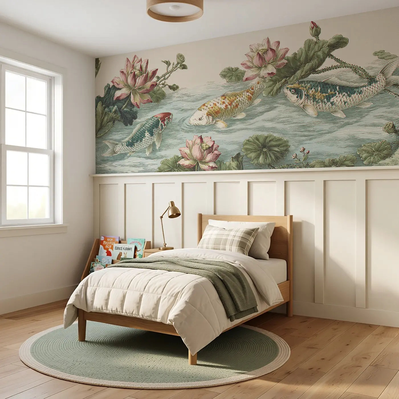 Koi Pond Lotus Surface Wainscoting Wallpaper styled in a kids bedroom by Whimsy Tots