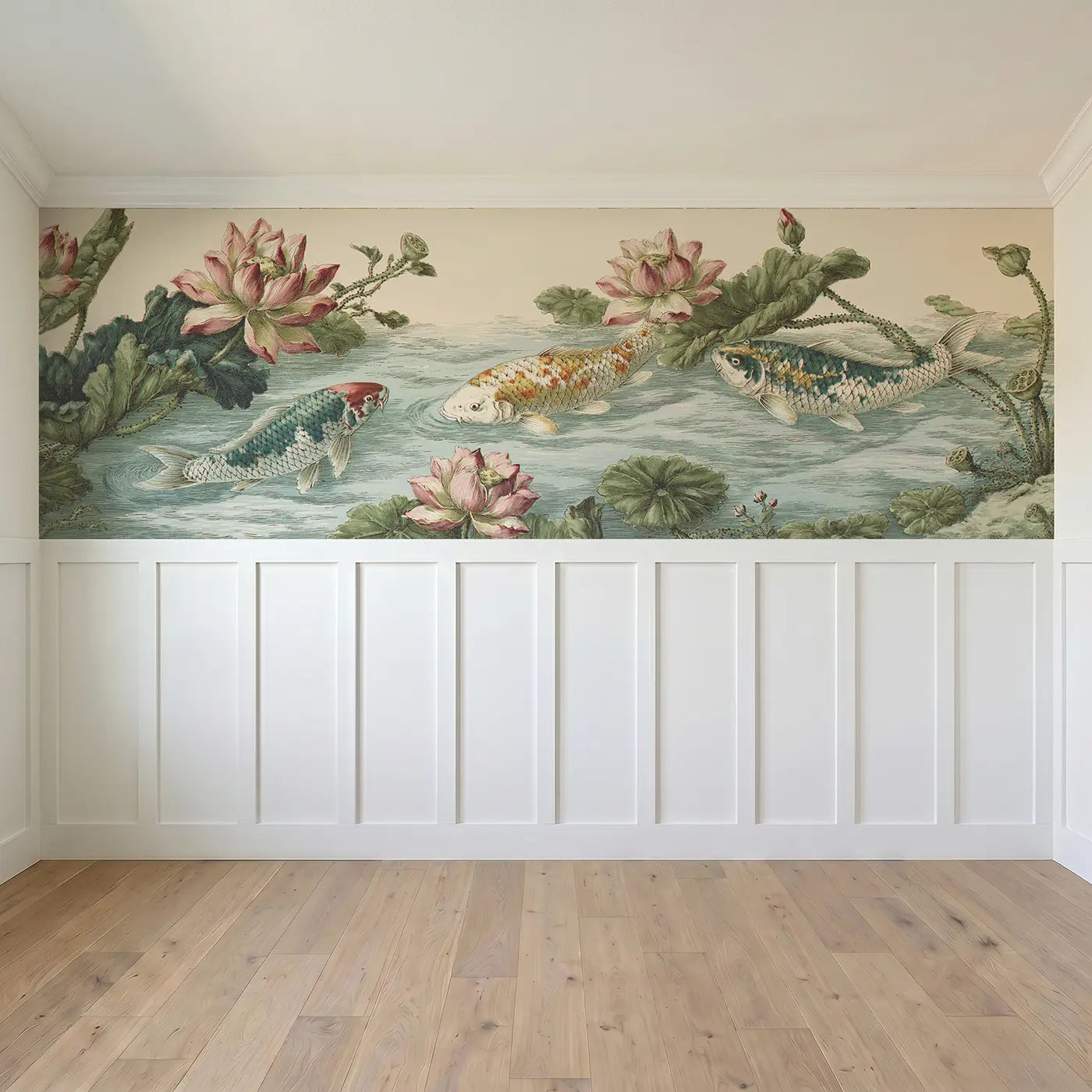 Full panel view of Koi Pond Lotus Surface Wainscoting Wallpaper by Whimsy Tots