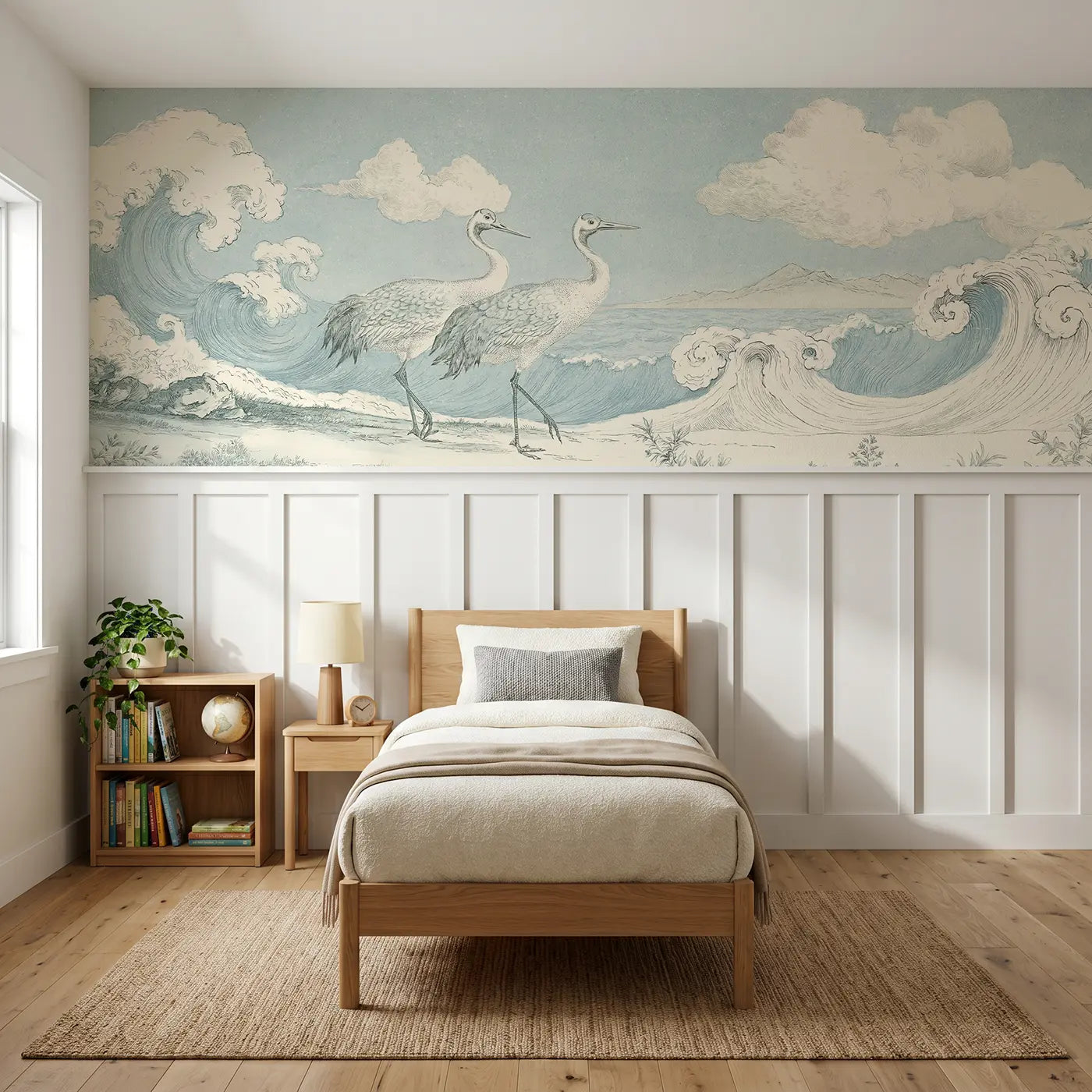 Botanical Elegance crane shore wave wainscoting wallpaper for bedroom by Whimsy Tots