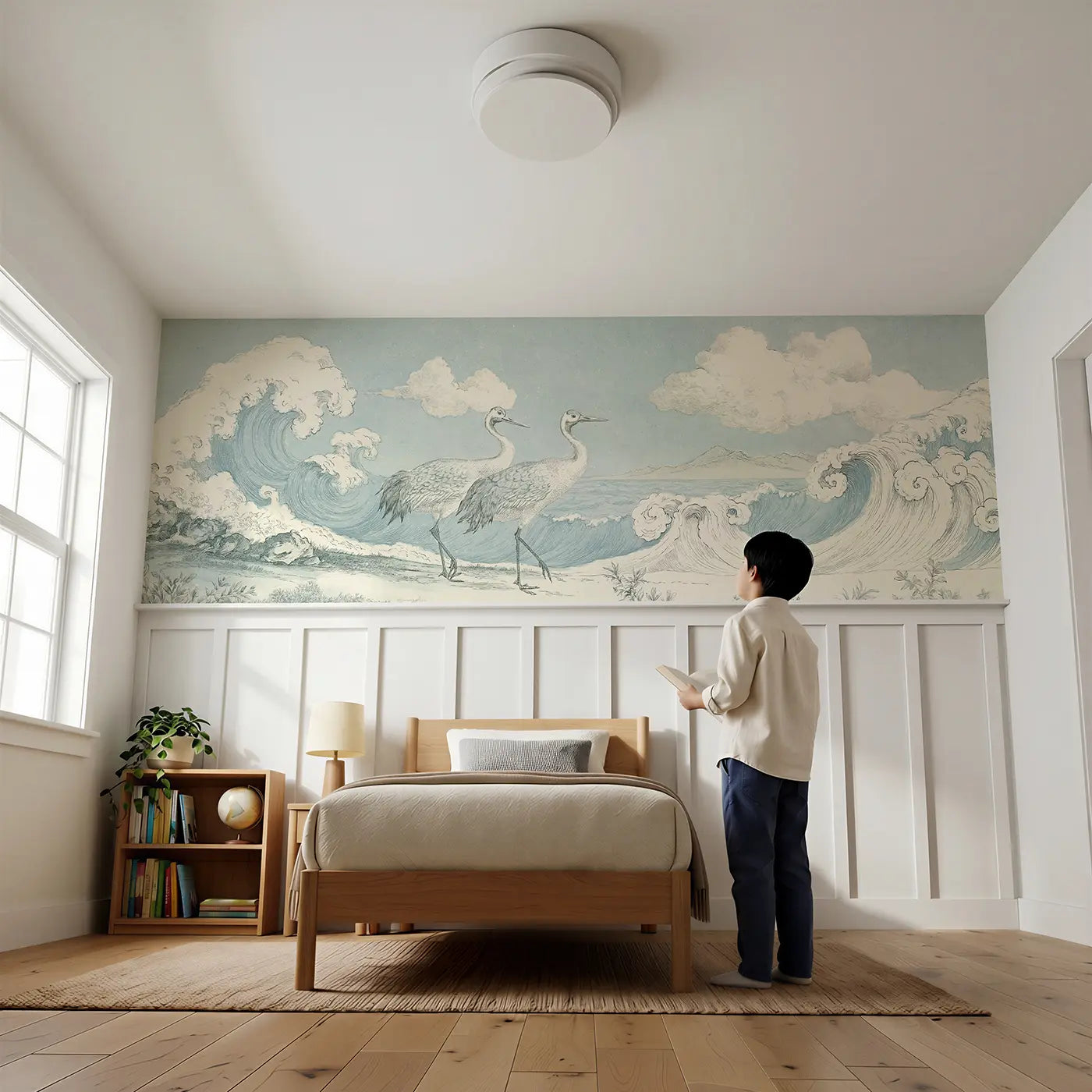 Child reading near Crane Shore Wave Elegance Wainscoting Wallpaper by Whimsy Tots