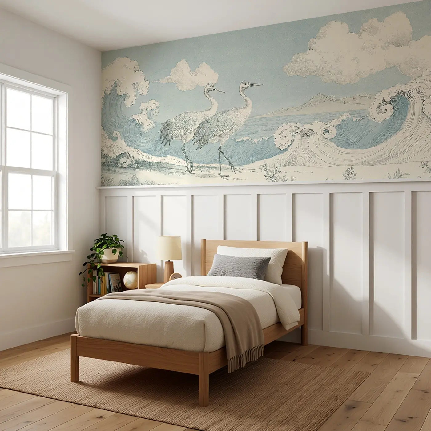Crane Shore Wave Elegance Wainscoting Wallpaper styled in a kids bedroom by Whimsy Tots