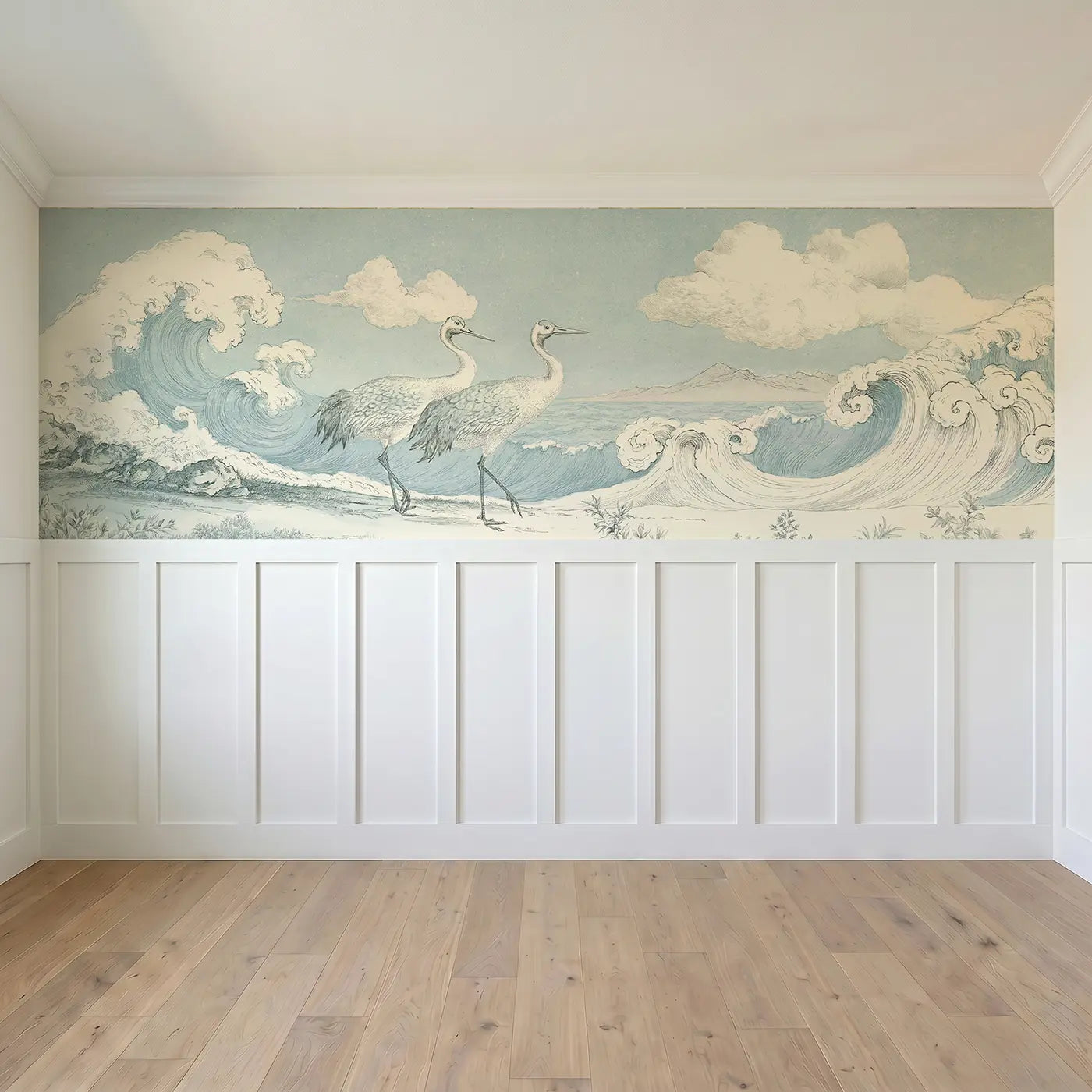 Full panel view of Crane Shore Wave Elegance Wainscoting Wallpaper by Whimsy Tots