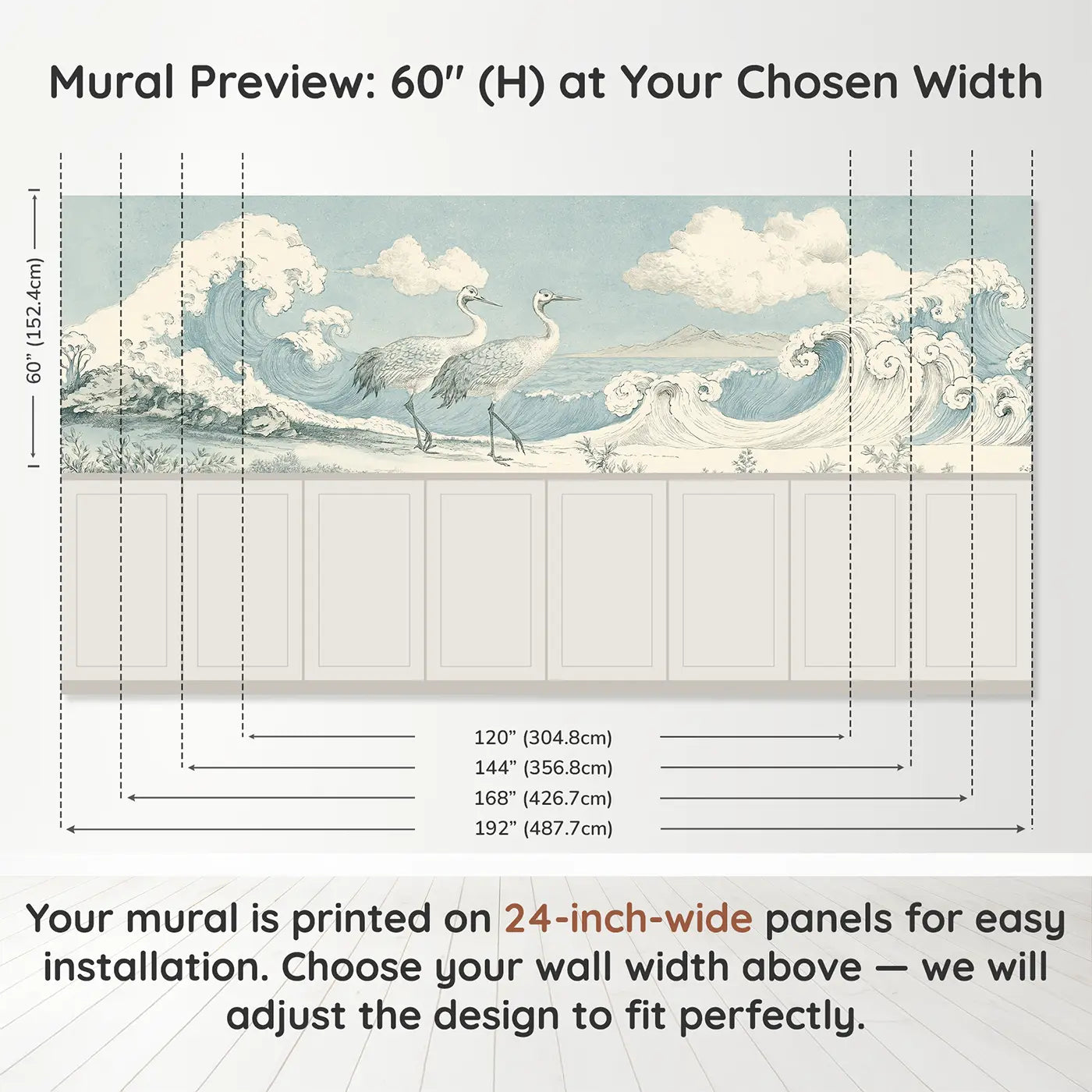 Panel dimensions for Crane Shore Wave Elegance Wainscoting Wallpaper by Whimsy Tots