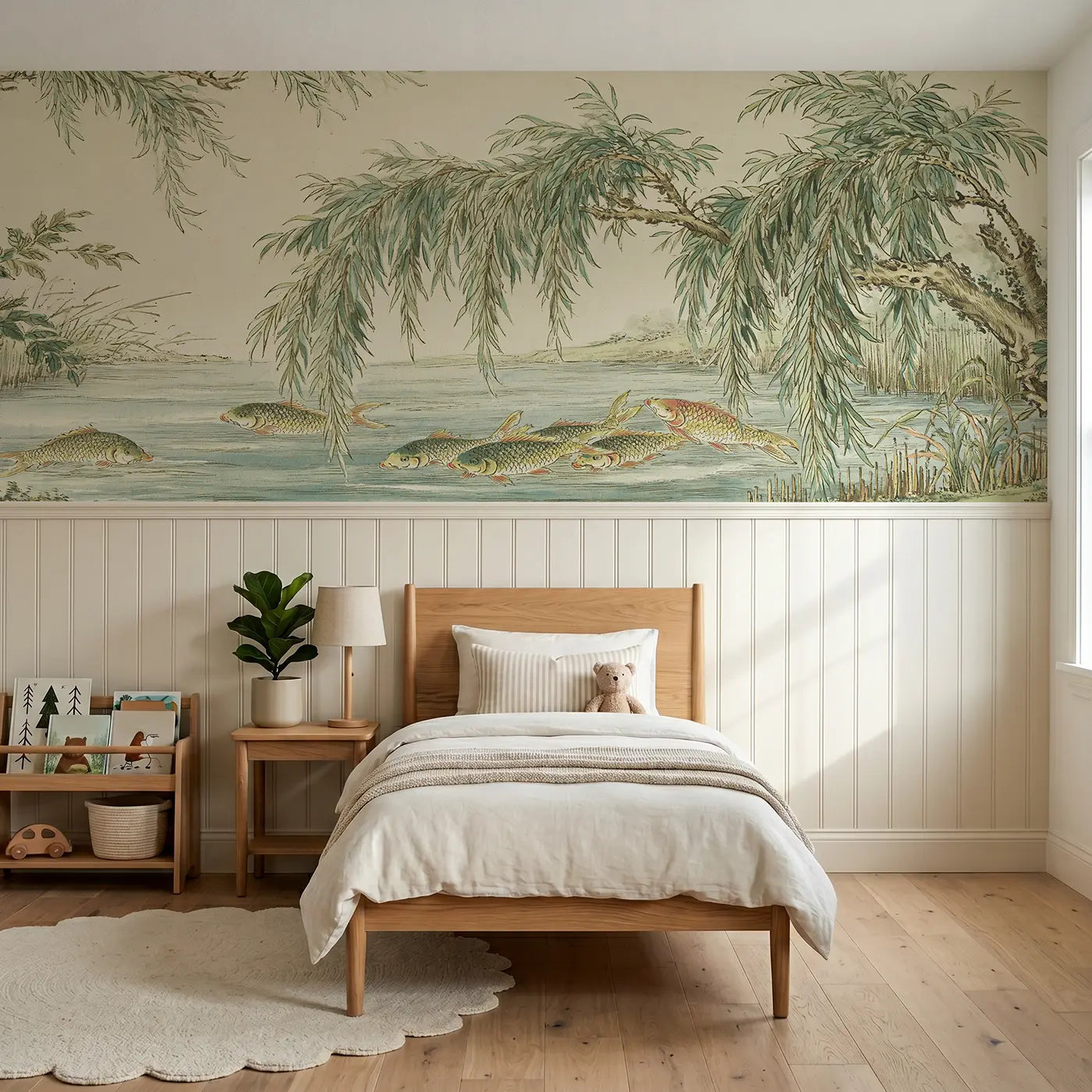 Botanical Elegance carp stream willow bank wainscoting wallpaper for nursery by Whimsy Tots