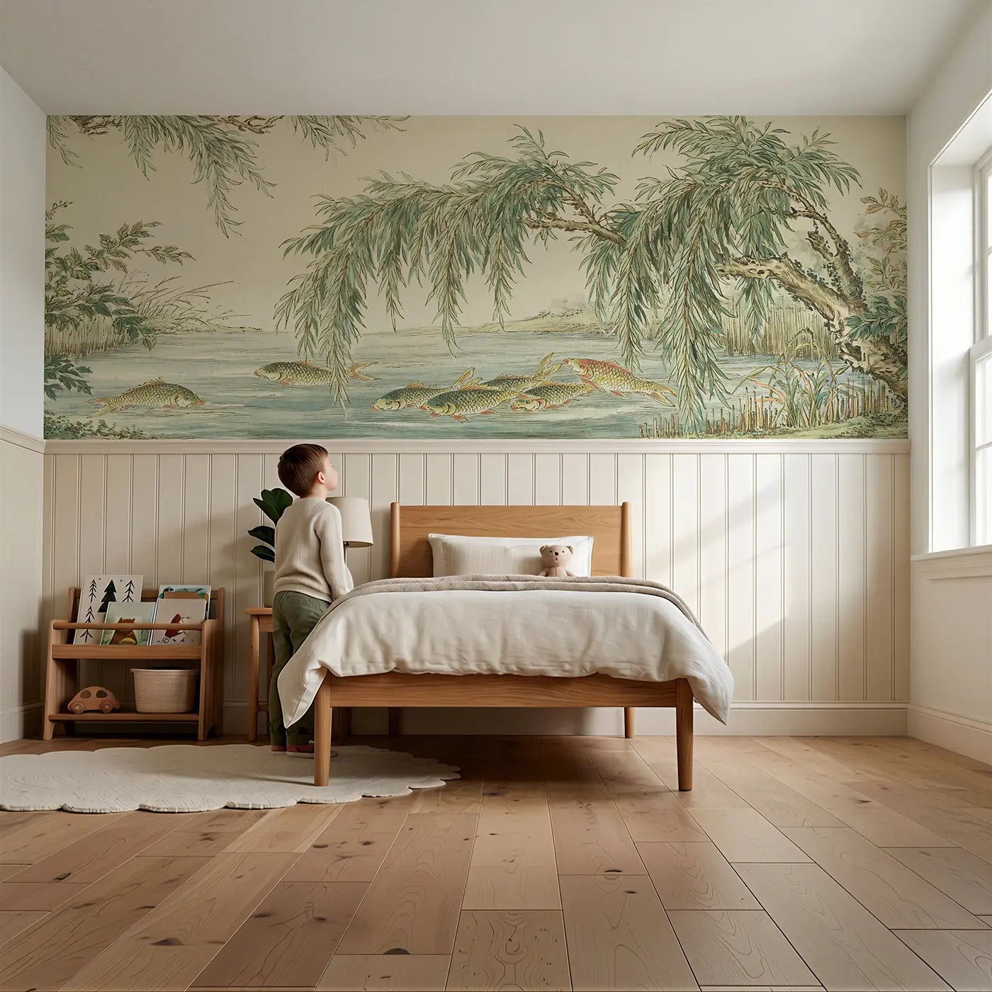 Child reading near Carp Stream Willow Bank Wainscoting Wallpaper by Whimsy Tots