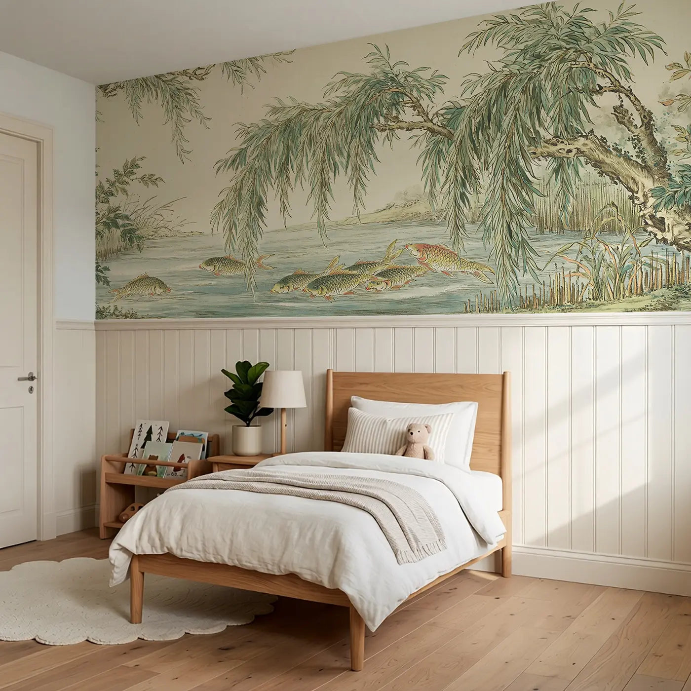 Carp Stream Willow Bank Wainscoting Wallpaper styled in a kids bedroom by Whimsy Tots