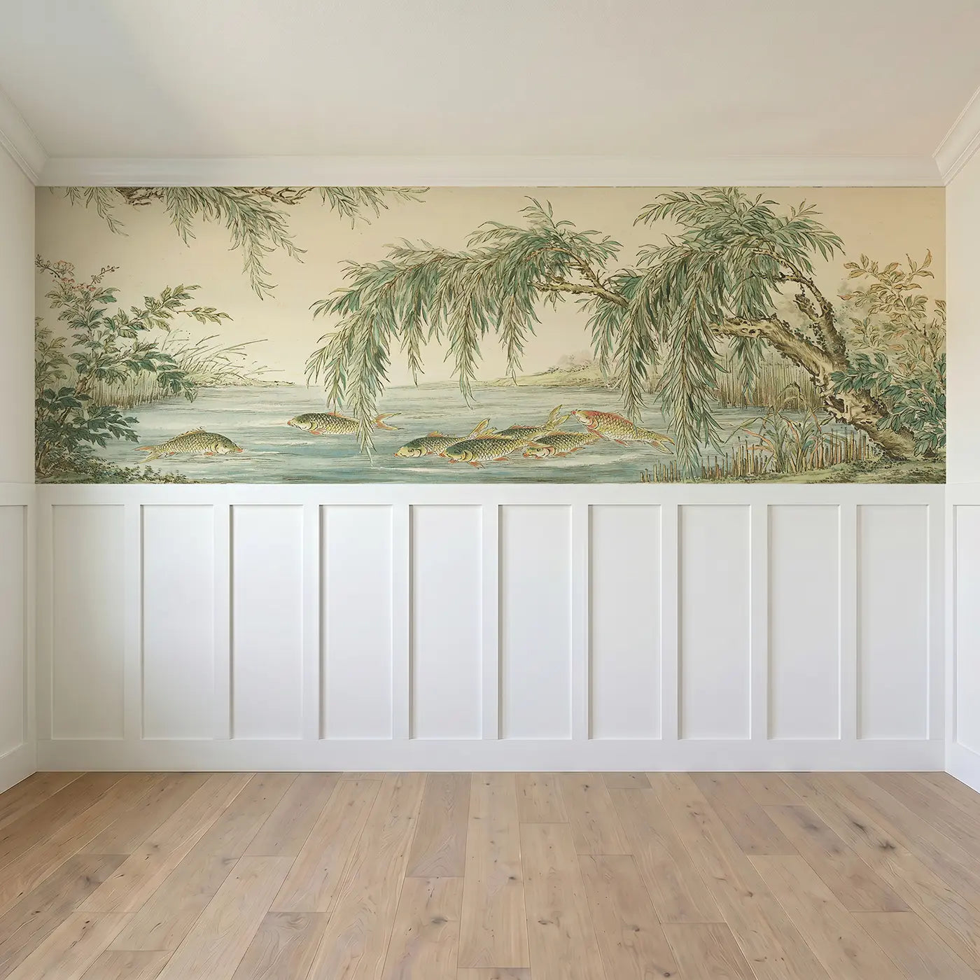 Full panel view of Carp Stream Willow Bank Wainscoting Wallpaper by Whimsy Tots