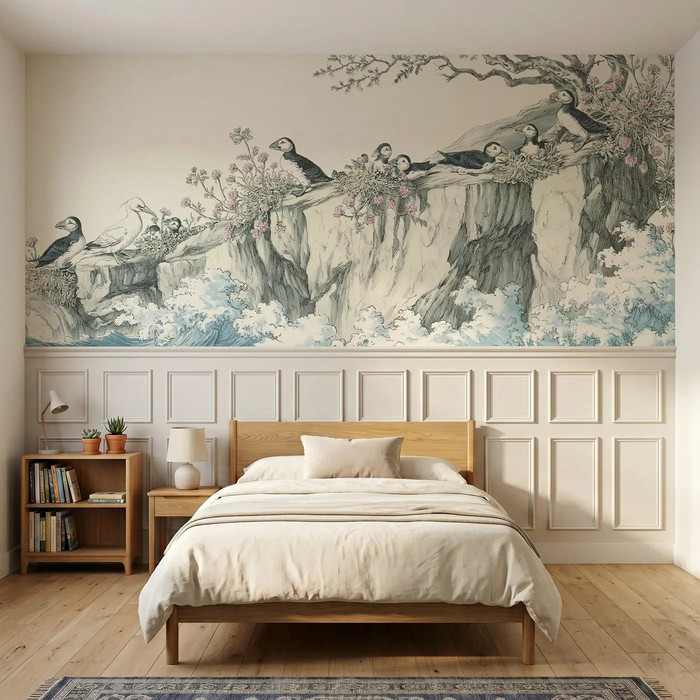 Botanical Elegance coastal cliff seabird colony wainscoting wallpaper for bedroom by Whimsy Tots