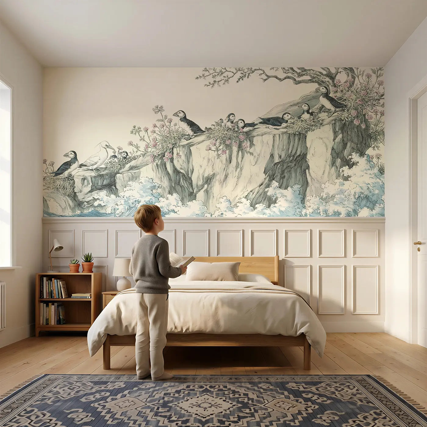 Child reading near Coastal Cliff Seabird Colony Wainscoting Wallpaper by Whimsy Tots