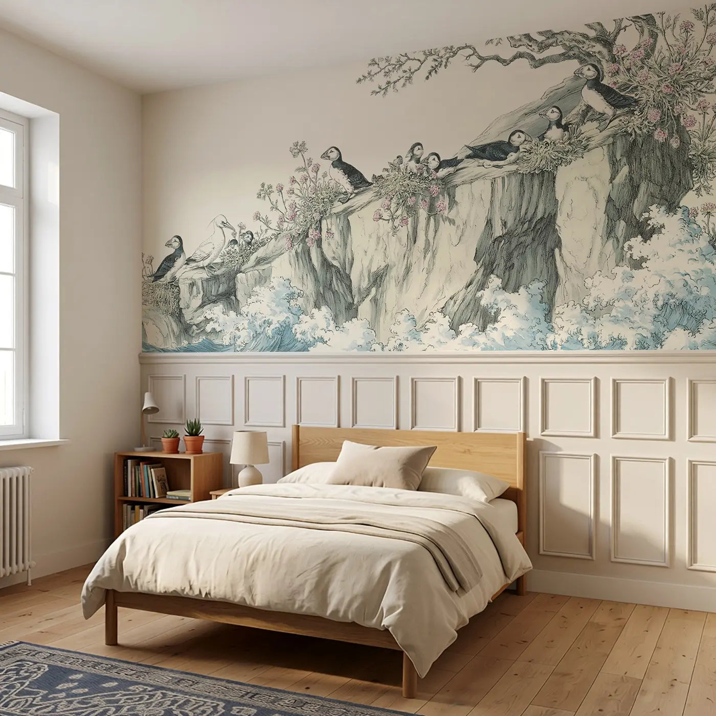 Coastal Cliff Seabird Colony Wainscoting Wallpaper styled in a kids bedroom by Whimsy Tots