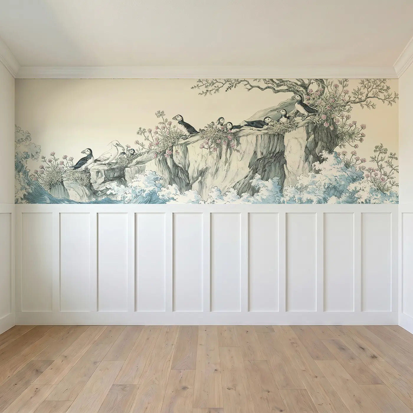 Full panel view of Coastal Cliff Seabird Colony Wainscoting Wallpaper by Whimsy Tots