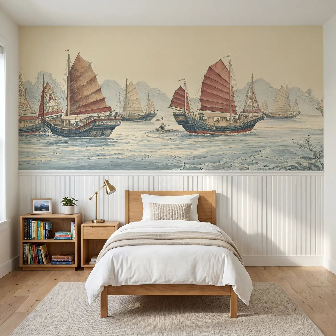 Botanical Elegance harbor junk boat scene wainscoting wallpaper for bedroom by Whimsy Tots