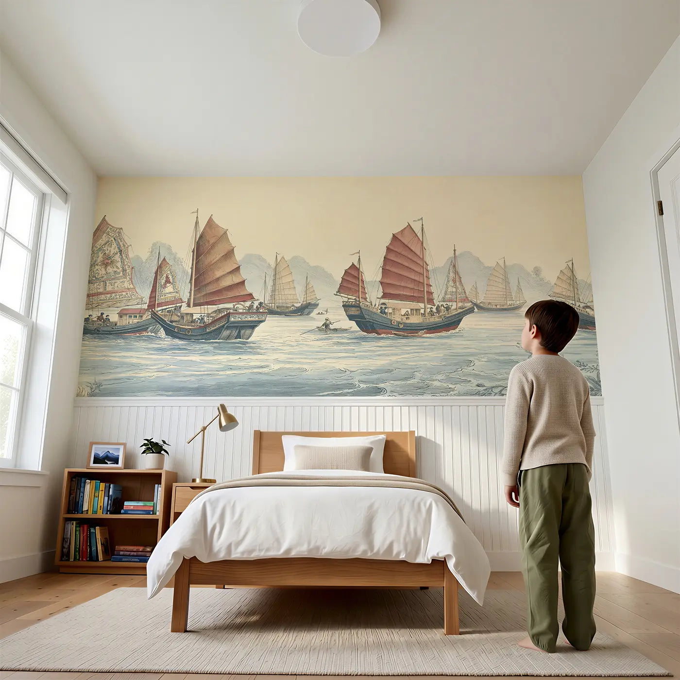 Child reading near Harbor Junk Boat Scene Wainscoting Wallpaper by Whimsy Tots