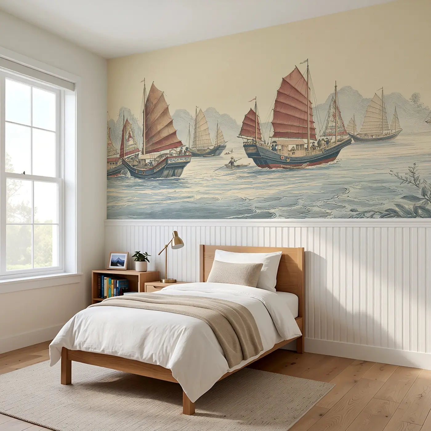 Harbor Junk Boat Scene Wainscoting Wallpaper styled in a kids bedroom by Whimsy Tots