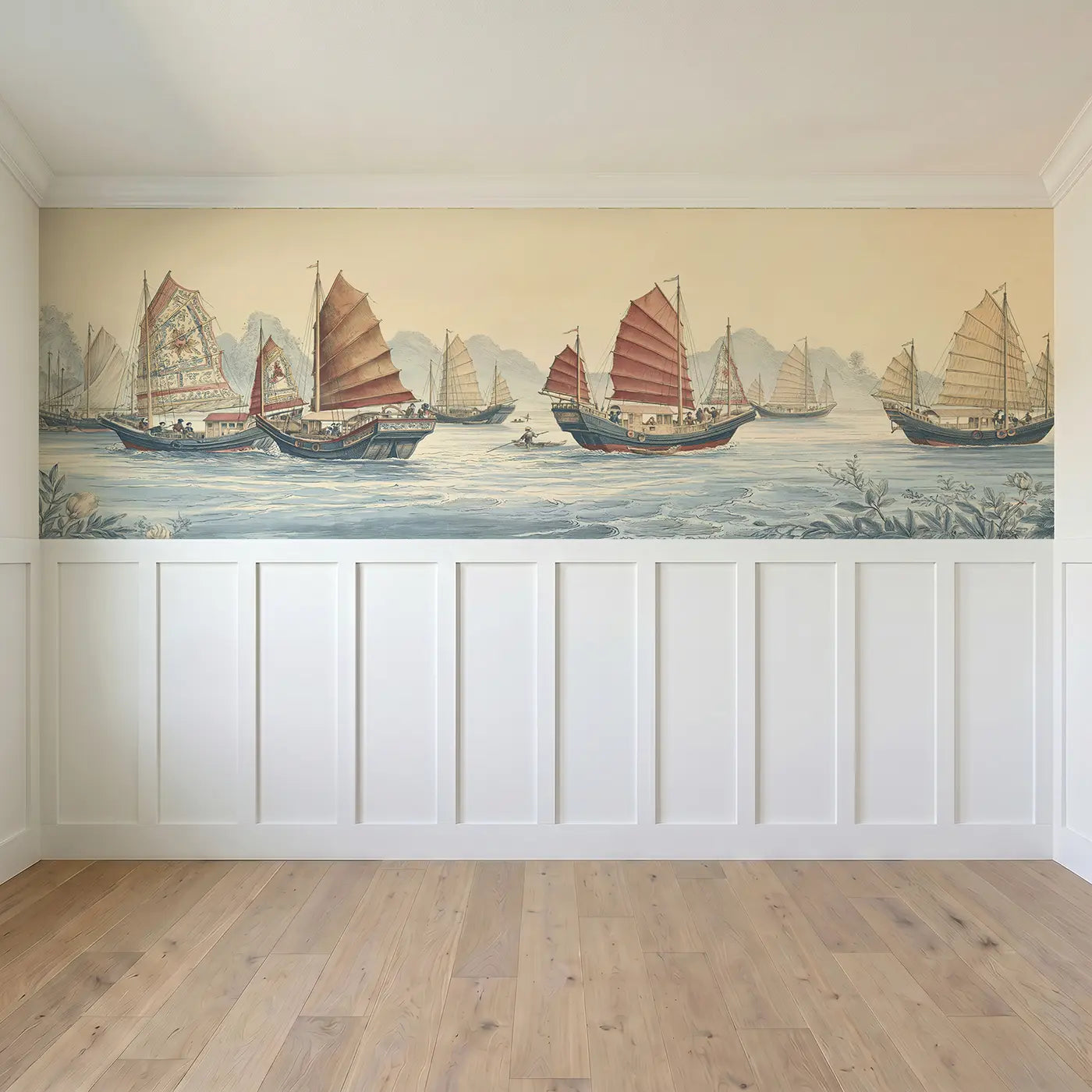 Full panel view of Harbor Junk Boat Scene Wainscoting Wallpaper by Whimsy Tots