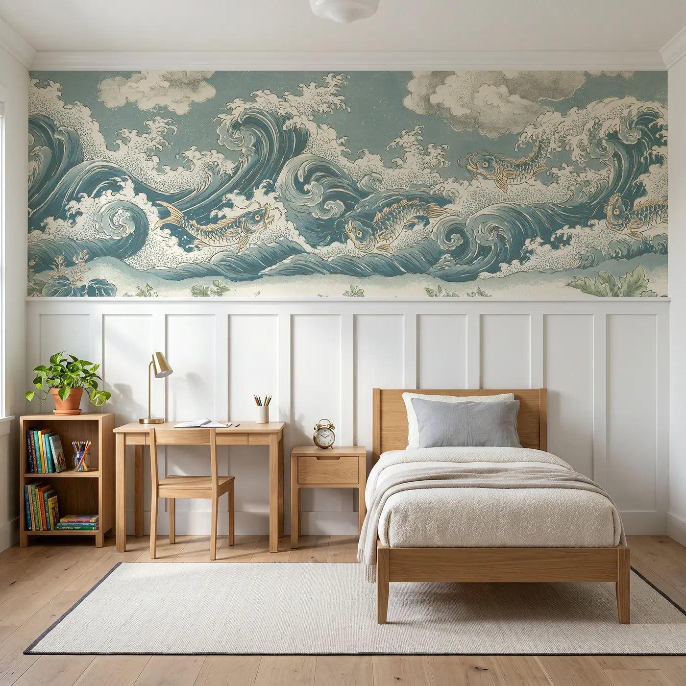 Botanical Elegance wave scroll dragon fish wainscoting wallpaper for bedroom by Whimsy Tots