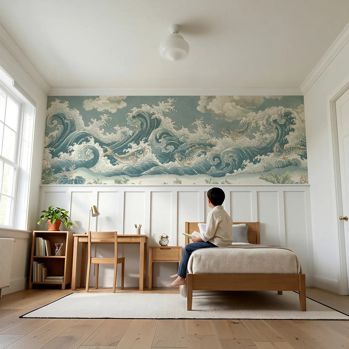 Child reading near Wave Scroll Dragon Fish Wainscoting Wallpaper by Whimsy Tots