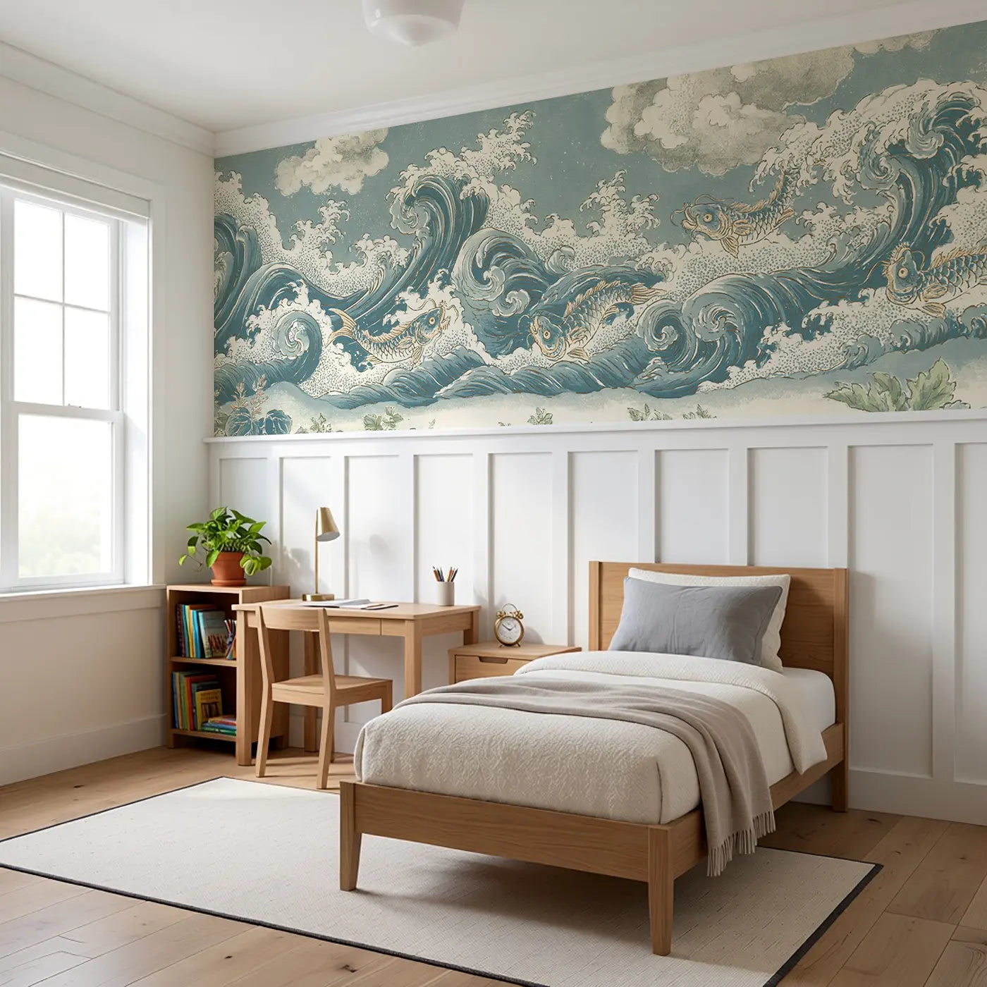 Wave Scroll Dragon Fish Wainscoting Wallpaper styled in a kids bedroom by Whimsy Tots