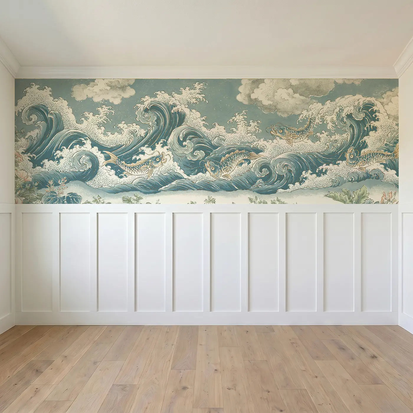 Full panel view of Wave Scroll Dragon Fish Wainscoting Wallpaper by Whimsy Tots