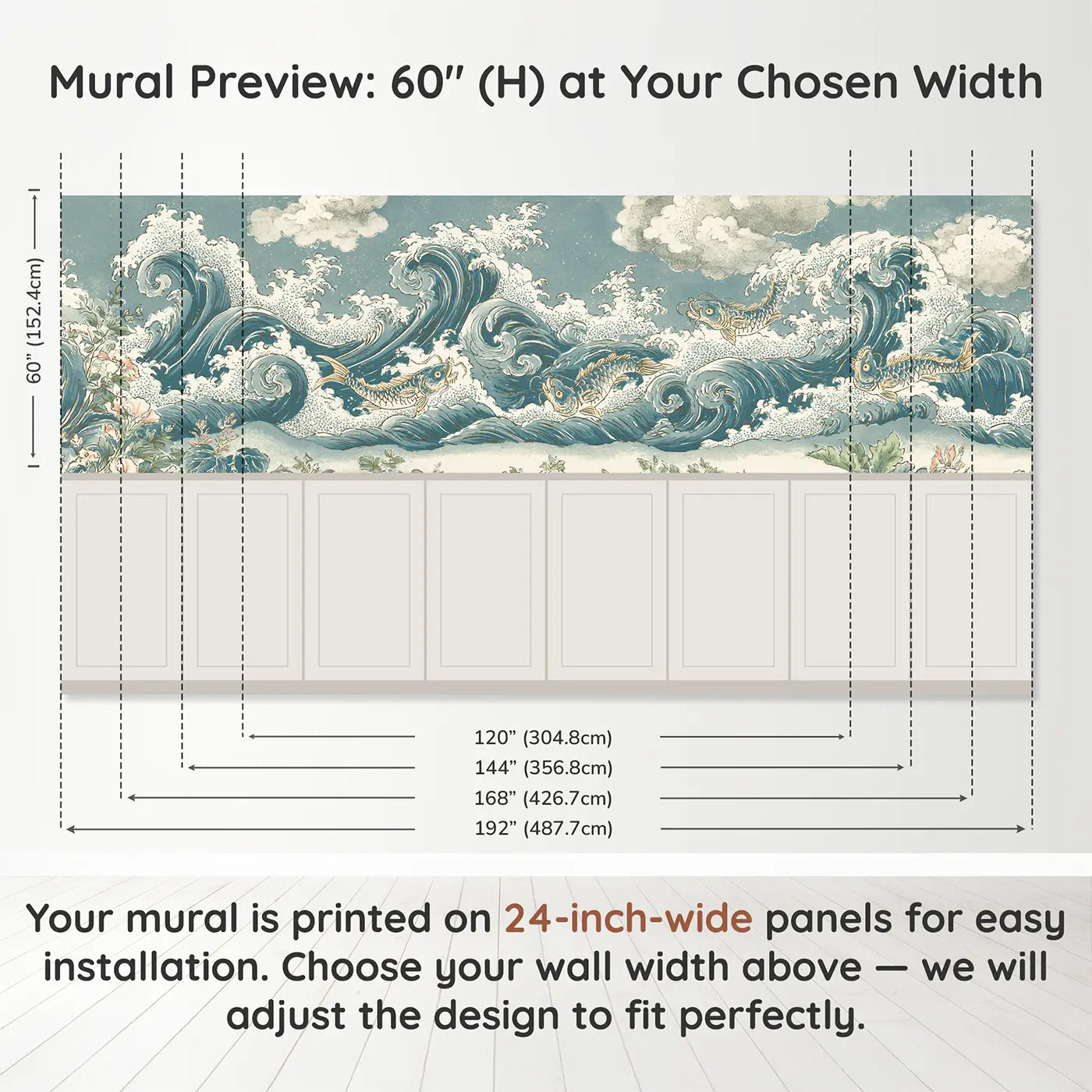 Panel dimensions for Wave Scroll Dragon Fish Wainscoting Wallpaper by Whimsy Tots